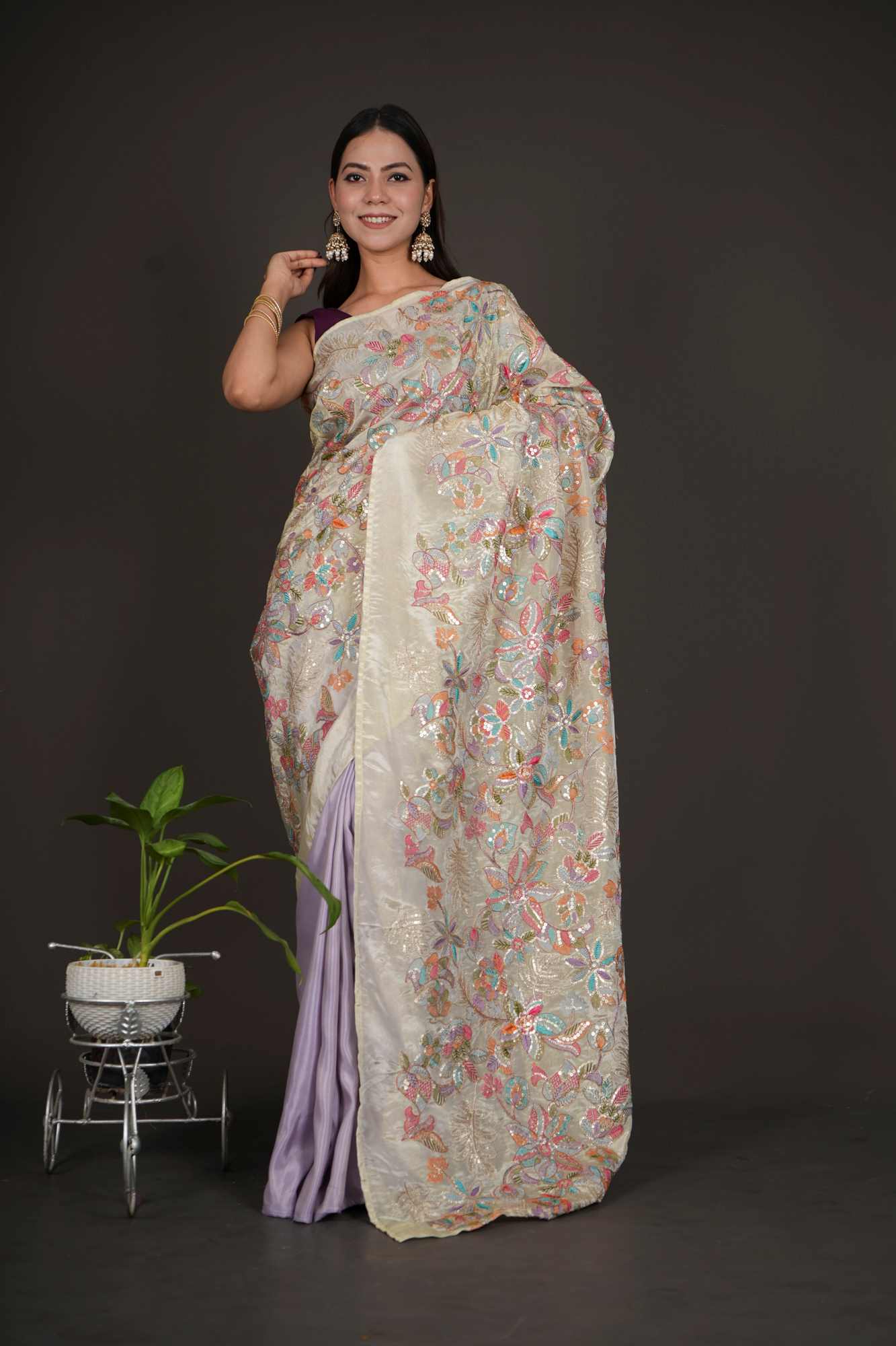 Multi Color Zari Embroidered Work with half & half Designer Pallu Wrap in one minute saree