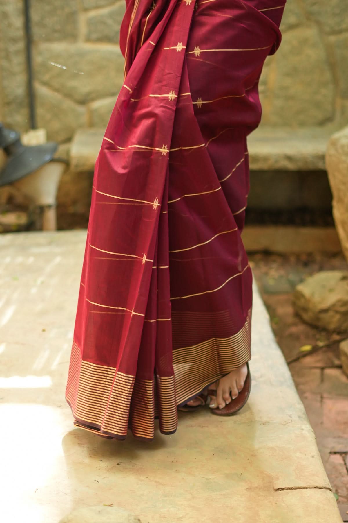 Maheshwari Silk Cotton Saree in Maroon with Stripes and Buttas | Shobitam