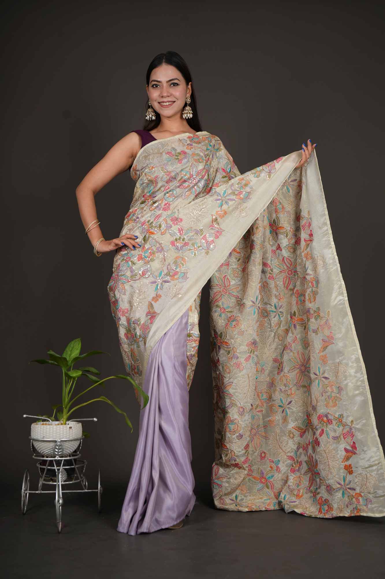 Multi Color Zari Embroidered Work with half & half Designer Pallu Wrap in one minute saree