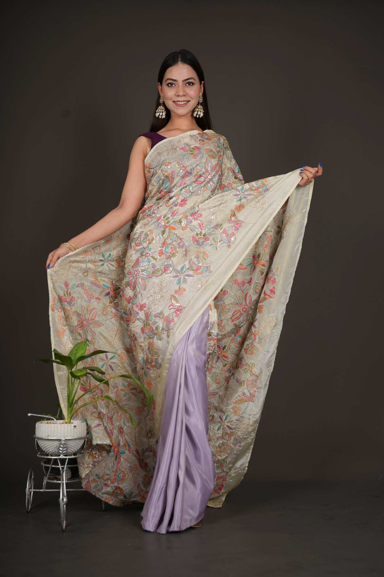 Multi Color Zari Embroidered Work with half & half Designer Pallu Wrap in one minute saree