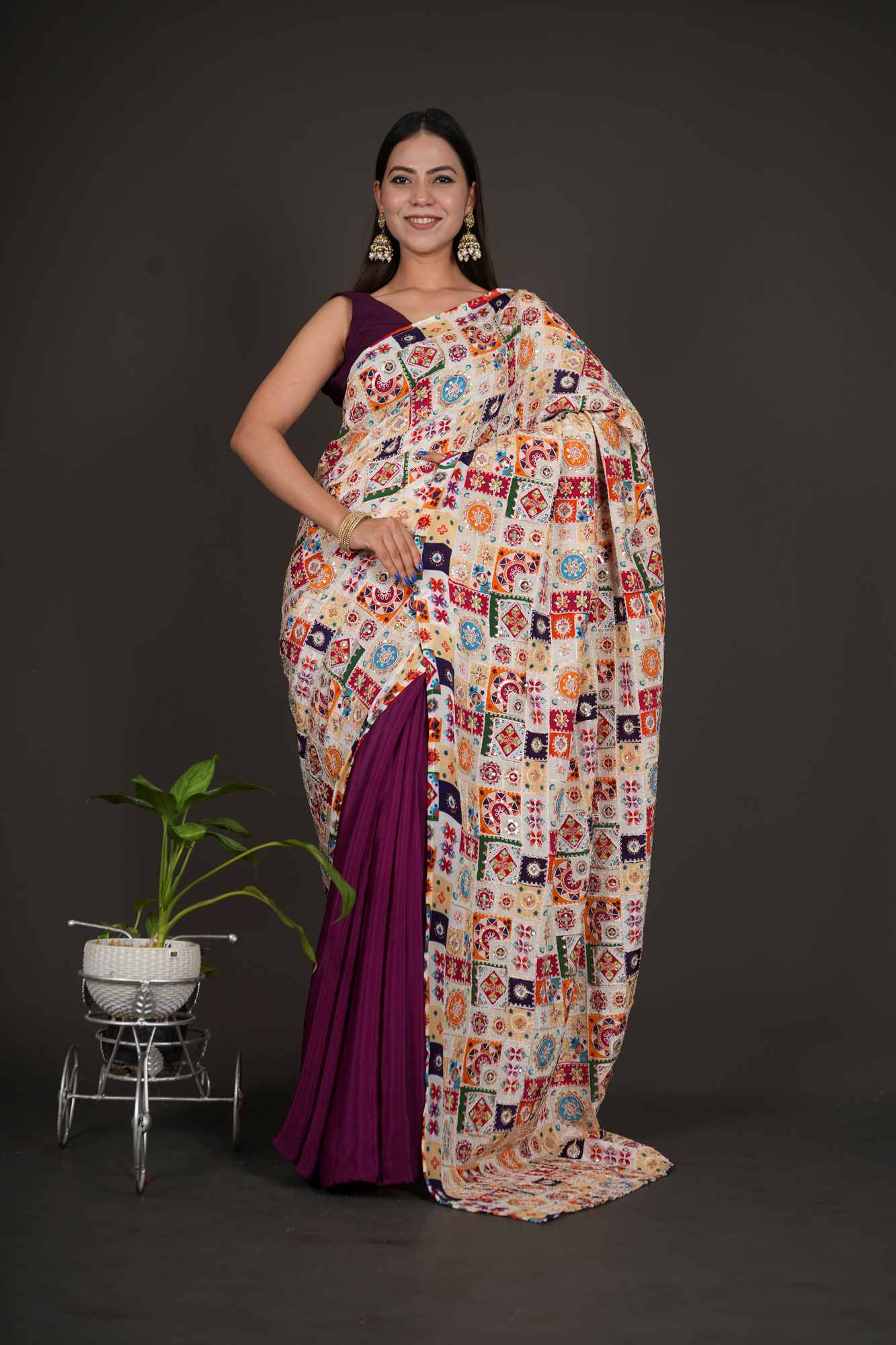 Contrast purple & offwhite Zari Embroidered Work with half & half Designer Pallu Wrap in one minute saree