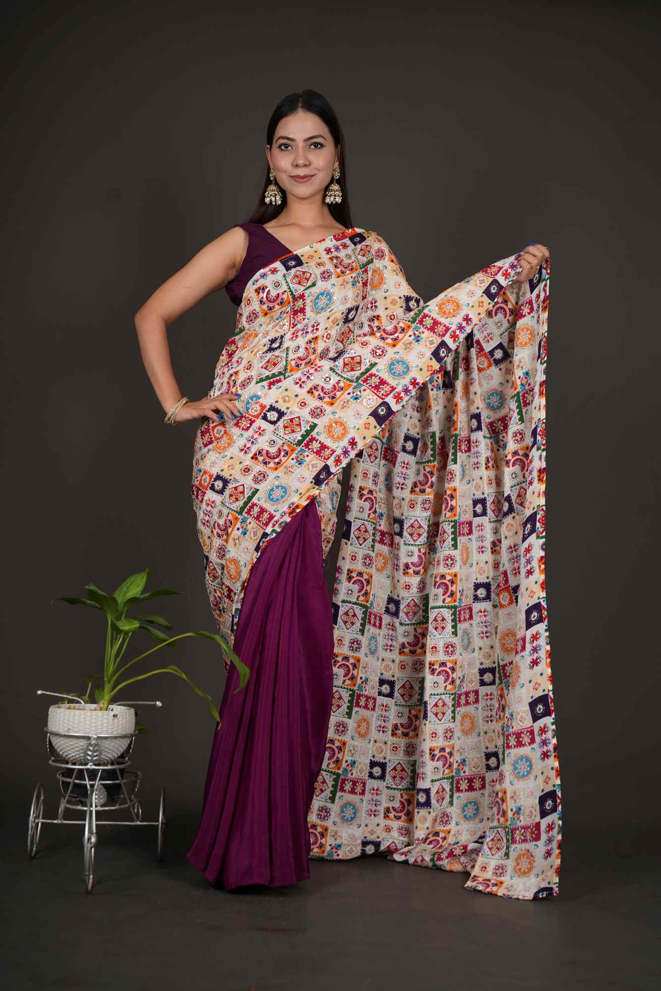 Contrast purple & offwhite Zari Embroidered Work with half & half Designer Pallu Wrap in one minute saree