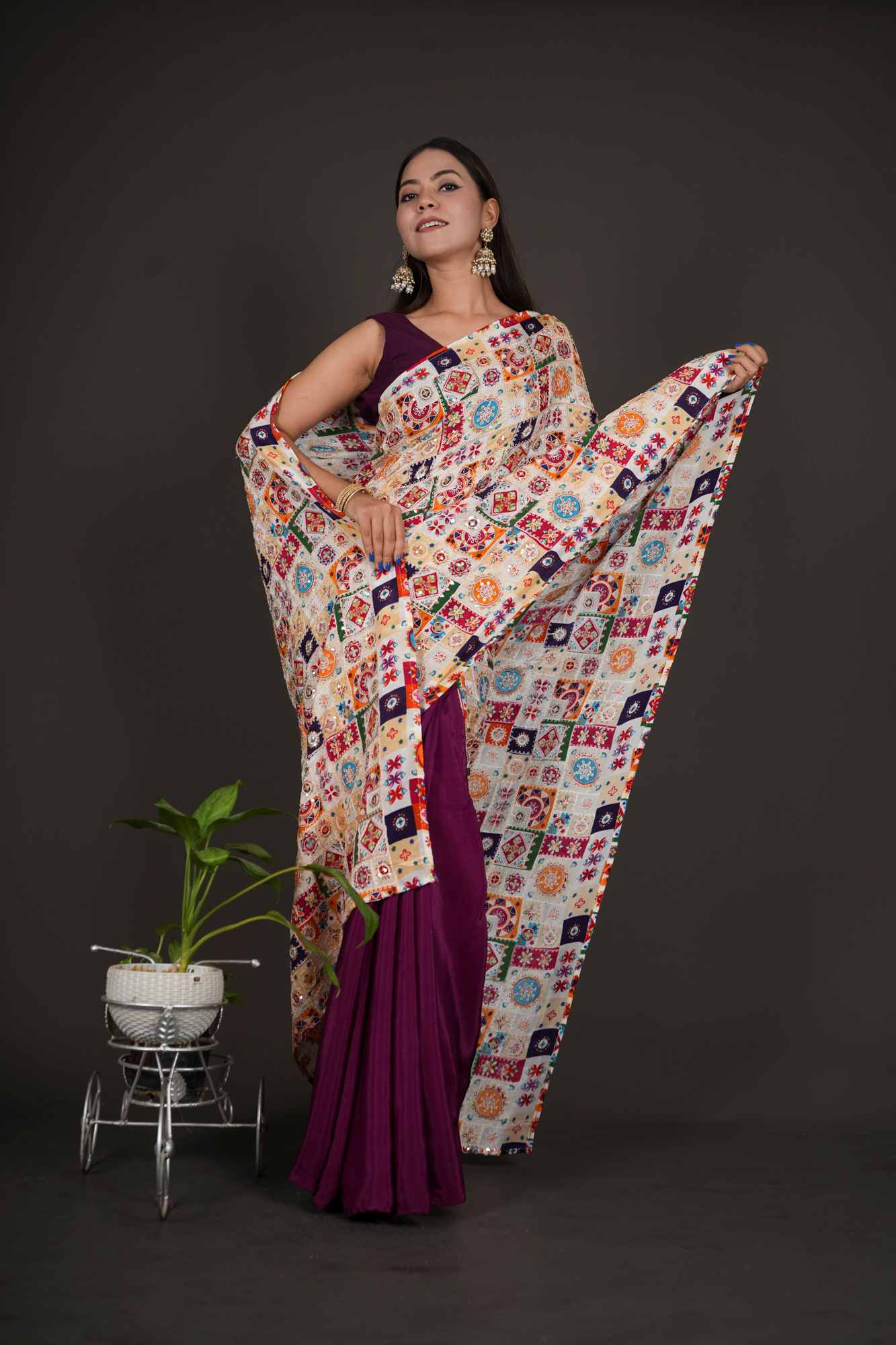 Contrast purple & offwhite Zari Embroidered Work with half & half Designer Pallu Wrap in one minute saree