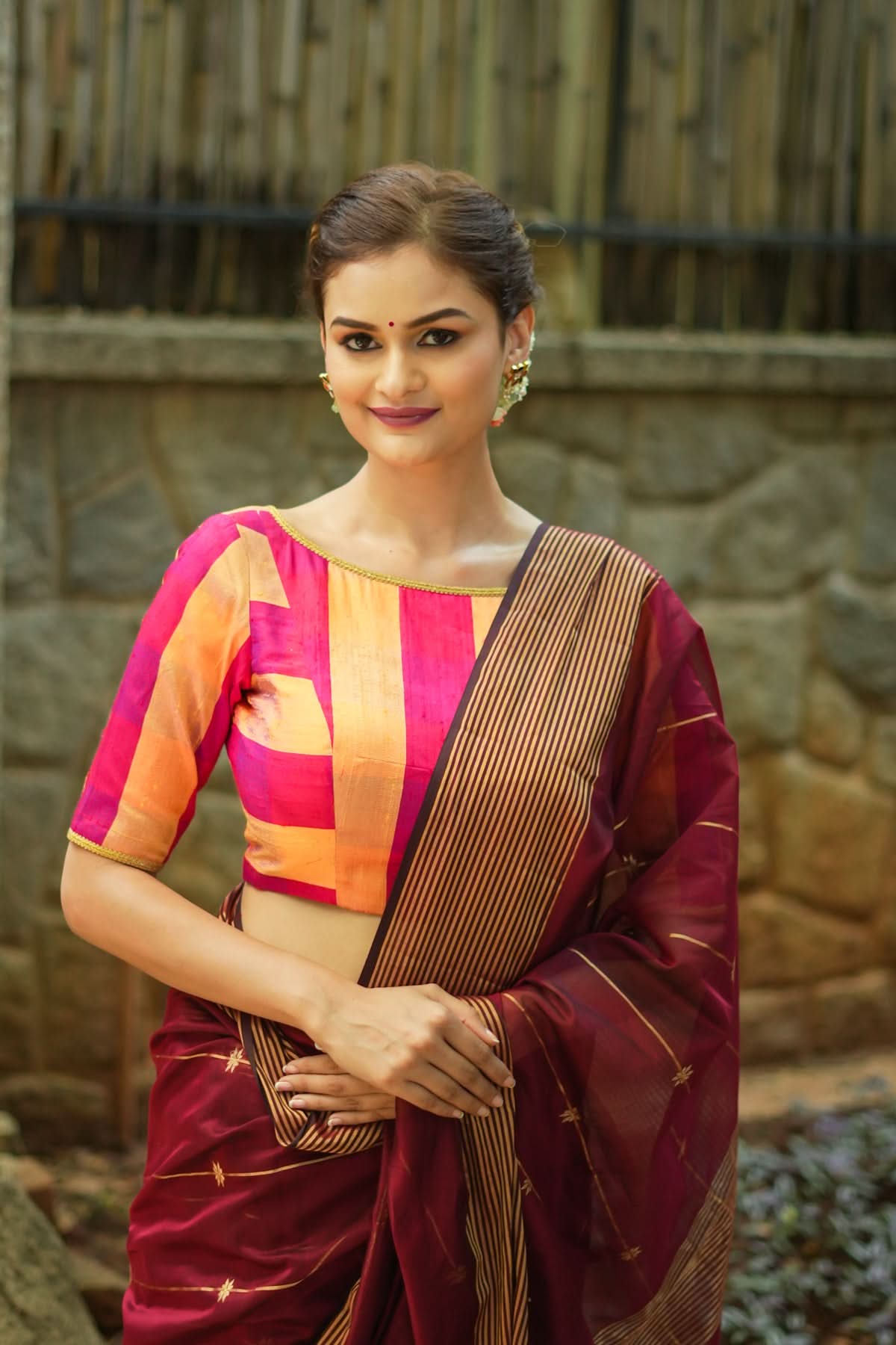 Orange reddish pink checked pure rawsilk boatneck blouse | Shobitam