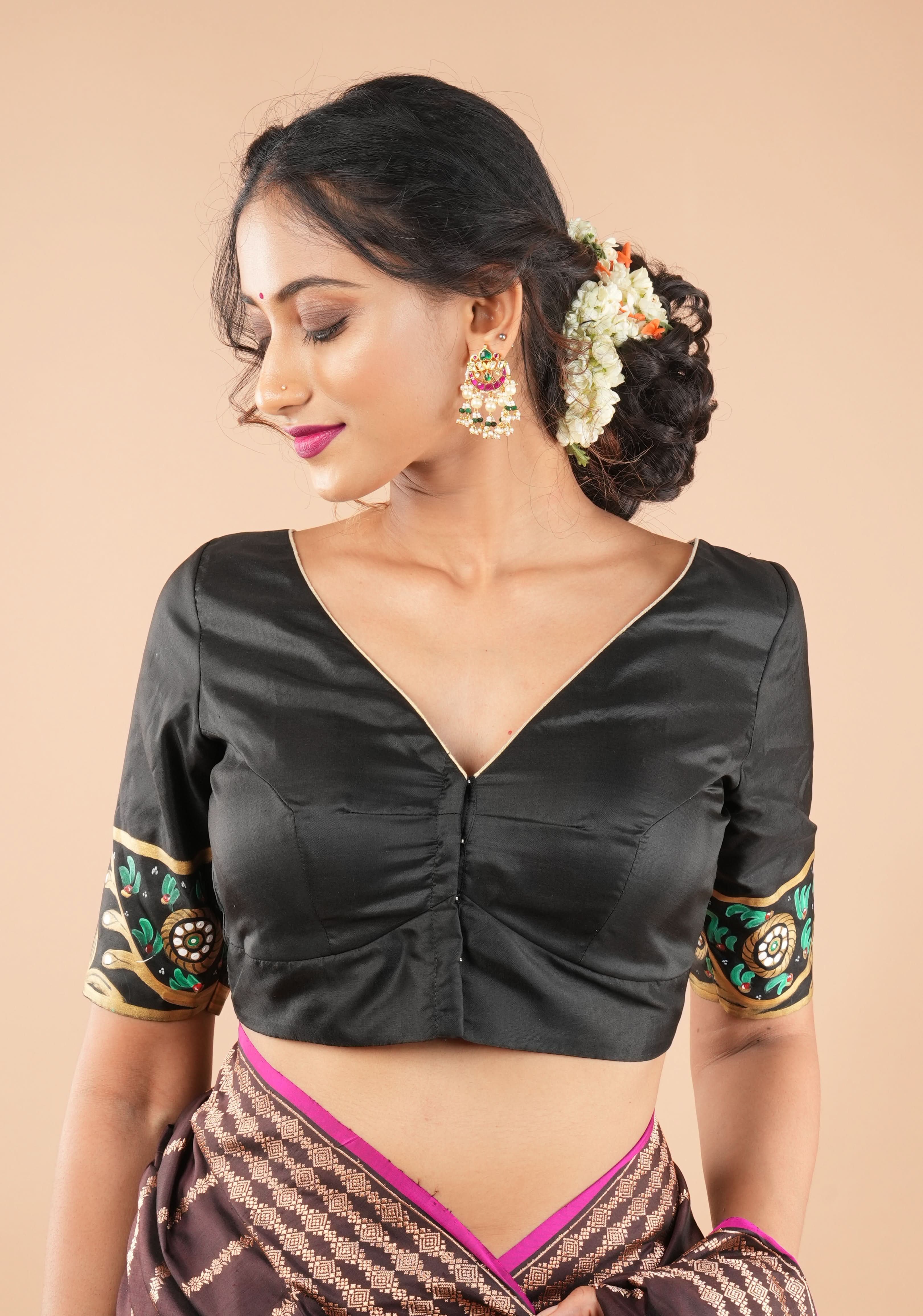 Tanjore Parrots - pure Silk blouse with Tanjore Style Hand painting, Color Customizable. | Shobitam