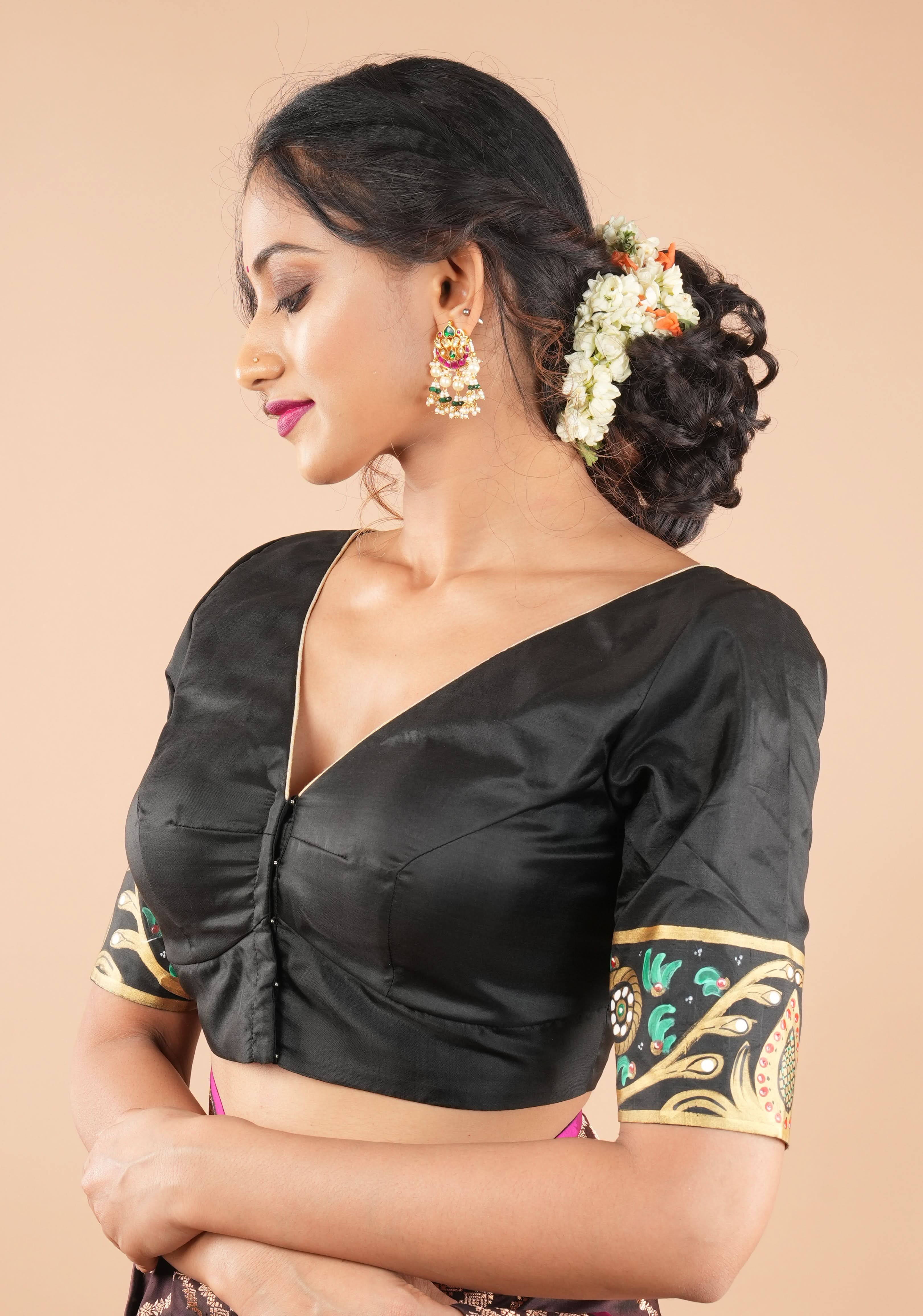 Tanjore Parrots - pure Silk blouse with Tanjore Style Hand painting, Color Customizable. | Shobitam