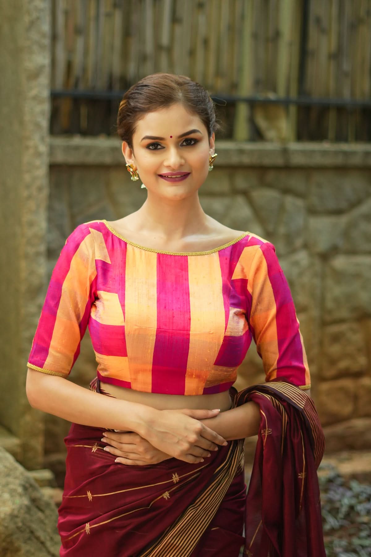 Orange reddish pink checked pure rawsilk boatneck blouse | Shobitam