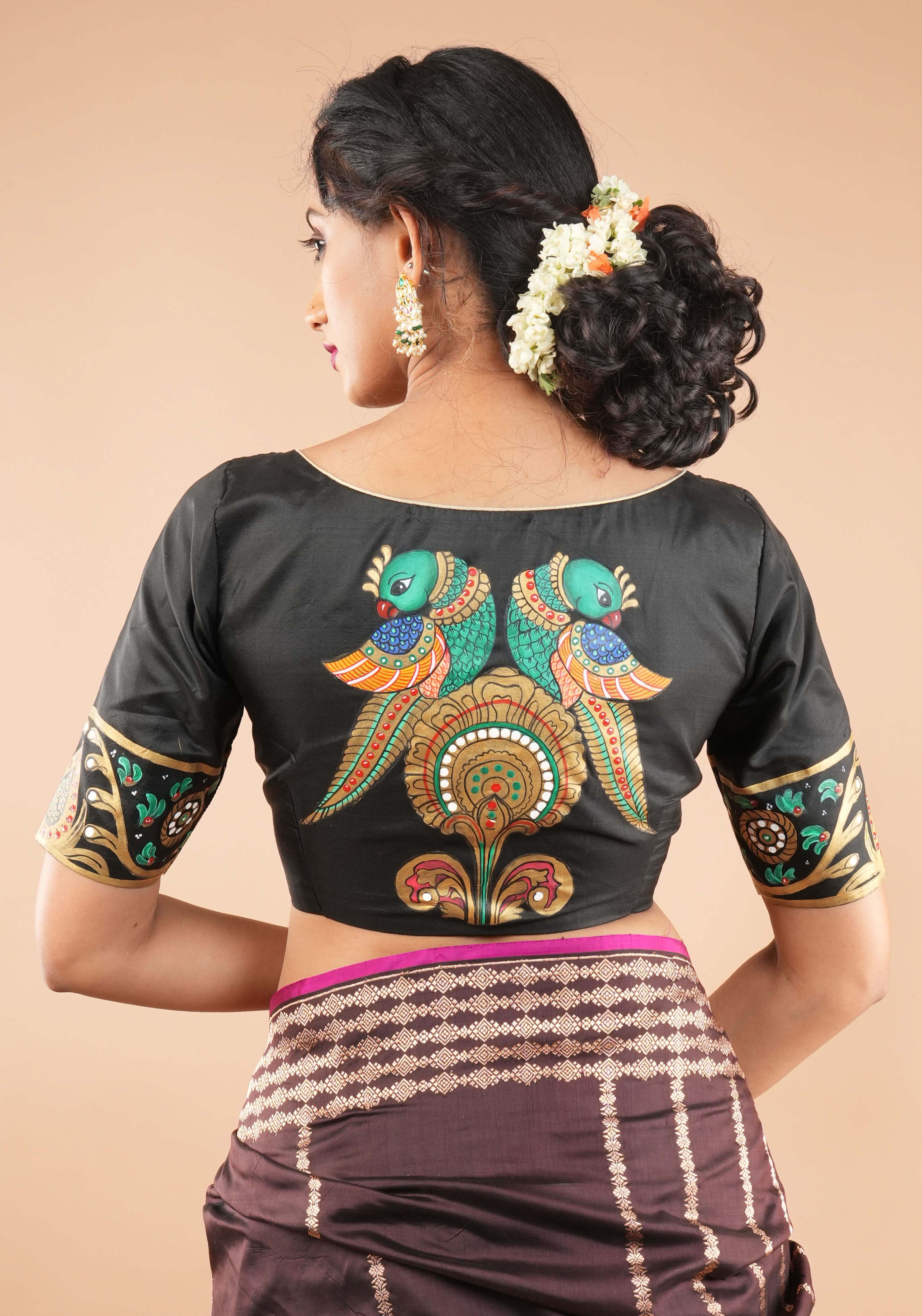Tanjore Parrots - pure Silk blouse with Tanjore Style Hand painting, Color Customizable. | Shobitam