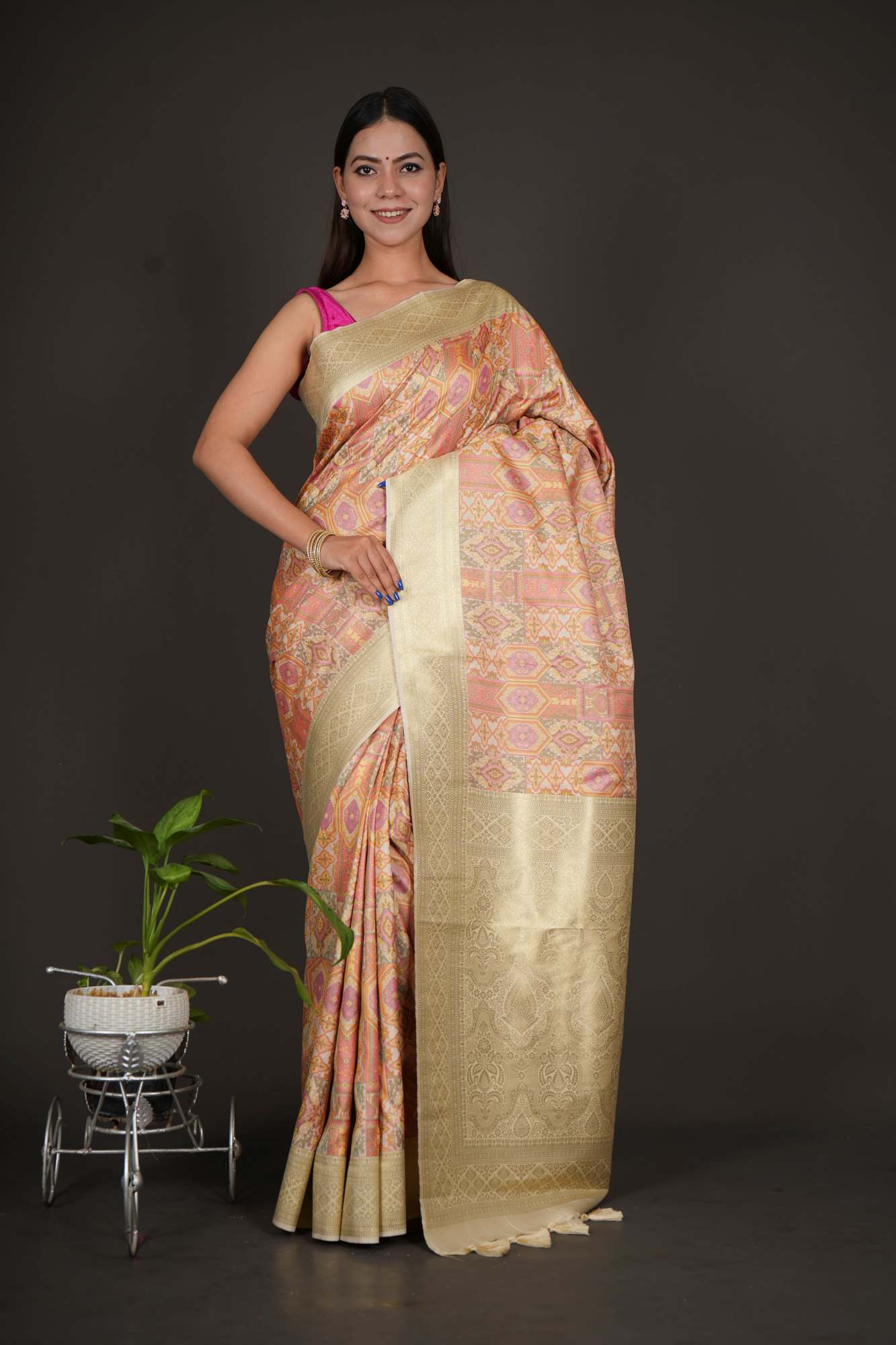 Ikkat Resham thread woven Banarasi inspired ready to wear saree