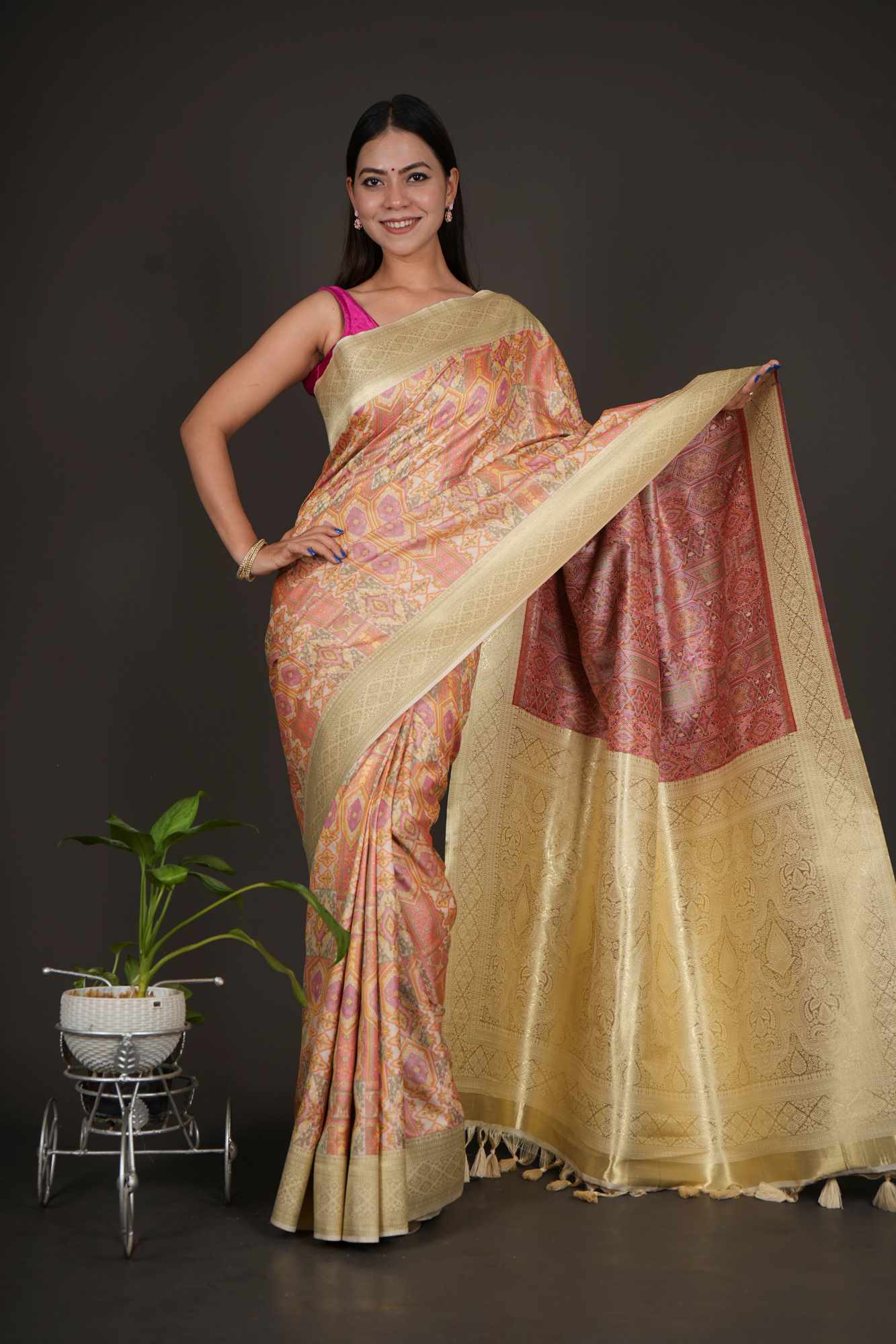 Ikkat Resham thread woven Banarasi inspired ready to wear saree