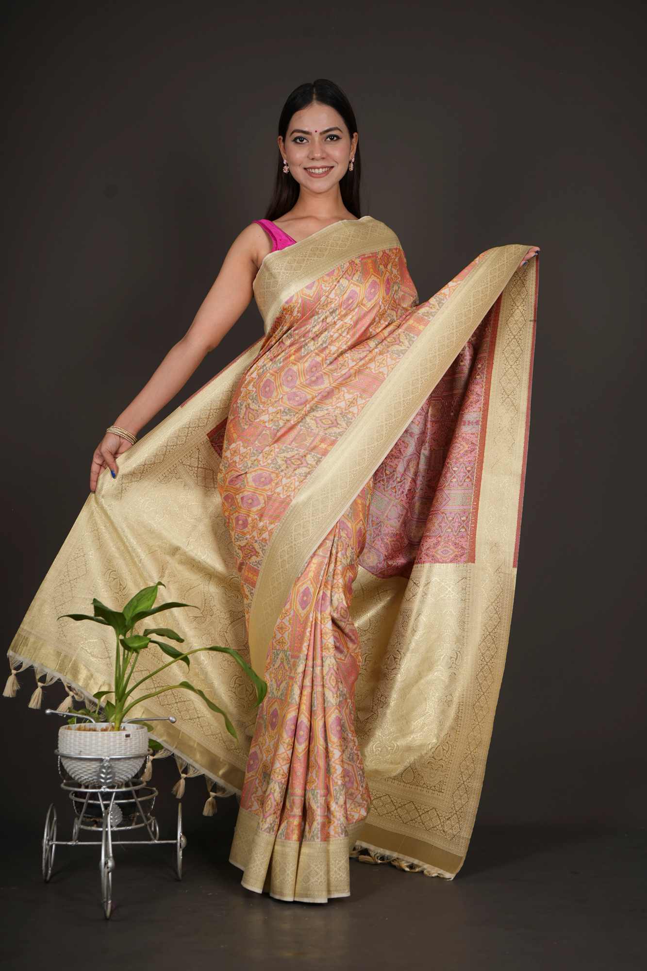 Ikkat Resham thread woven Banarasi inspired ready to wear saree