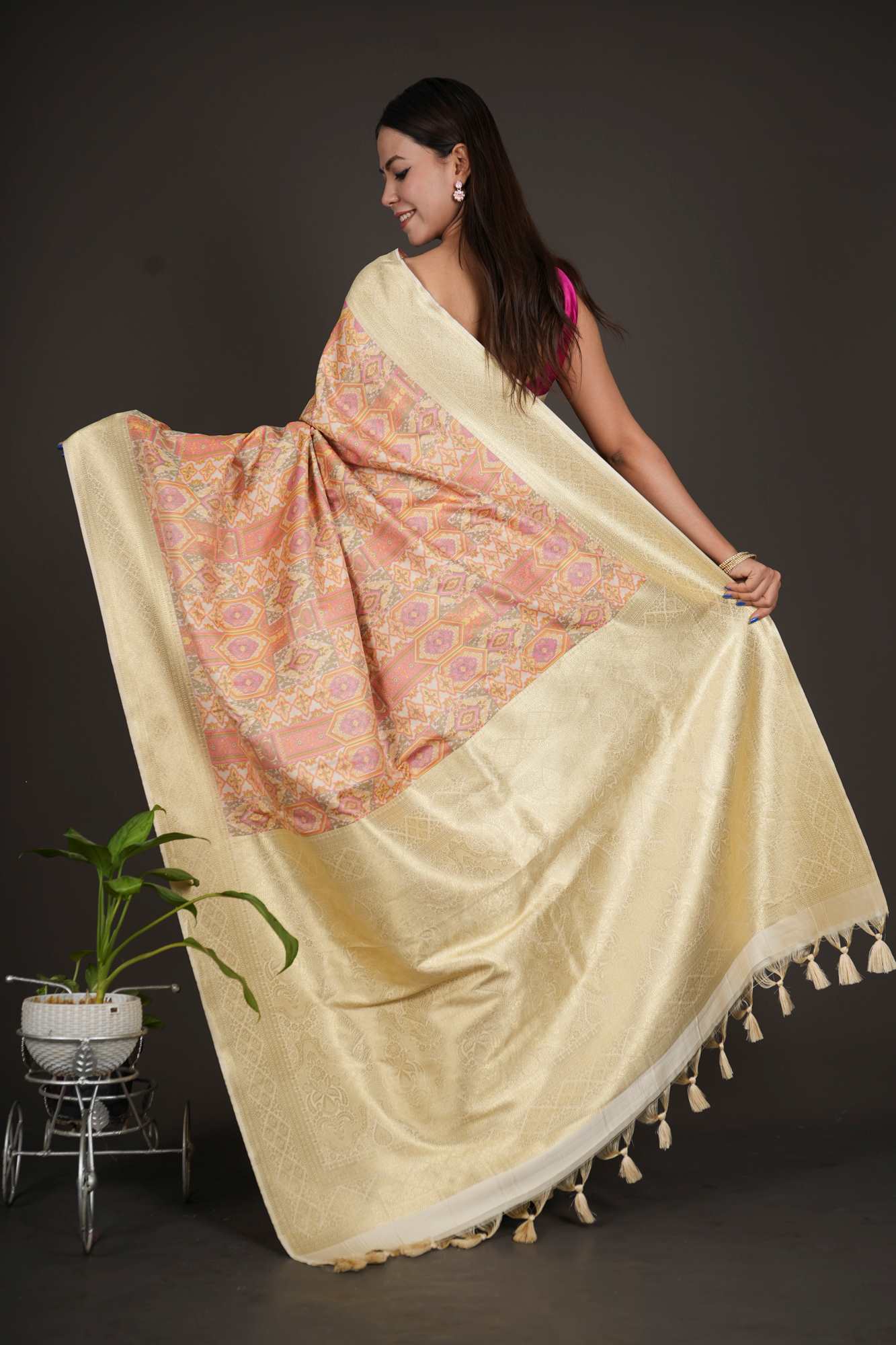 Ikkat Resham thread woven Banarasi inspired ready to wear saree