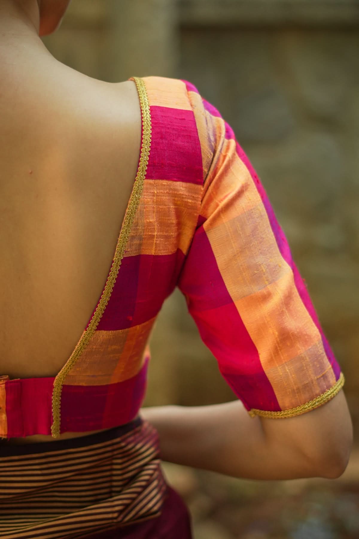 Orange reddish pink checked pure rawsilk boatneck blouse | Shobitam