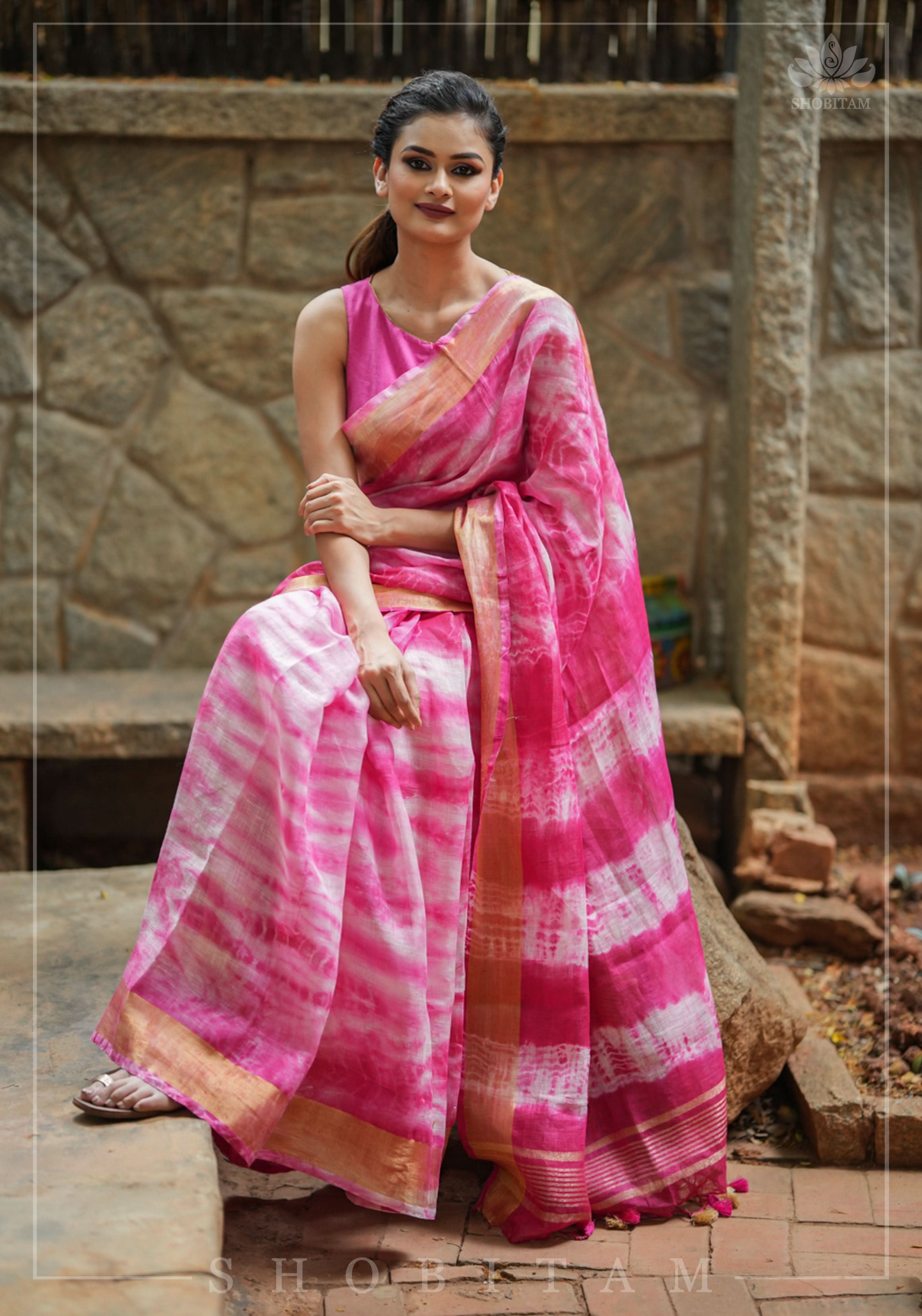 Handmade Shibori Dye Pure Linen by Linen Saree in Amaranth Pink and White with long tassels | Shobitam