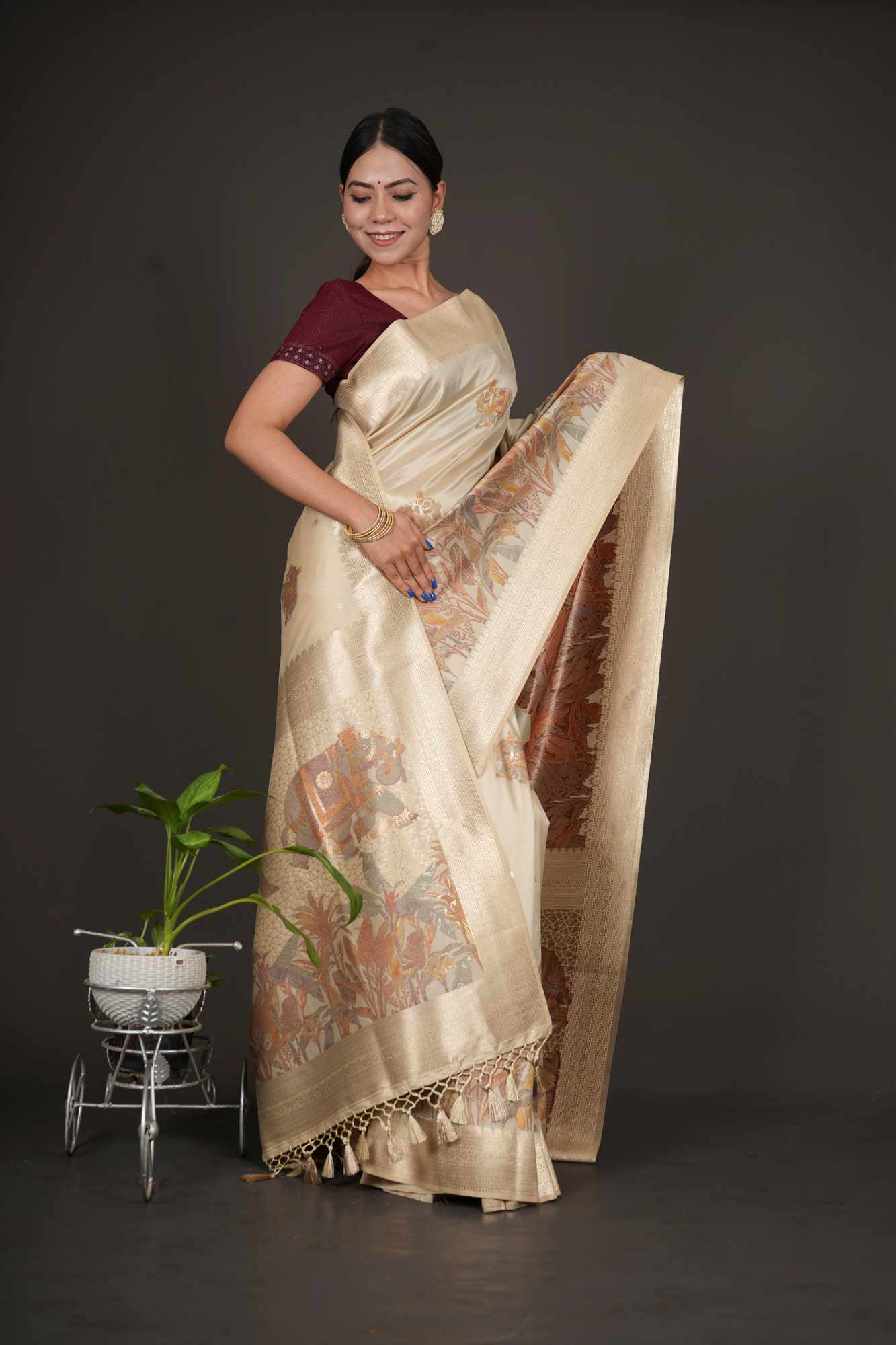 Sophisticated Banarasi Inspired Elephant Woven and foliage Motif Woven Design Pre Drape Saree