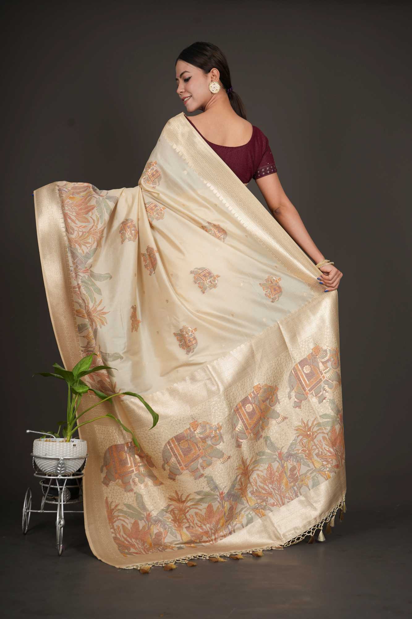 Sophisticated Banarasi Inspired Elephant Woven and foliage Motif Woven Design Pre Drape Saree