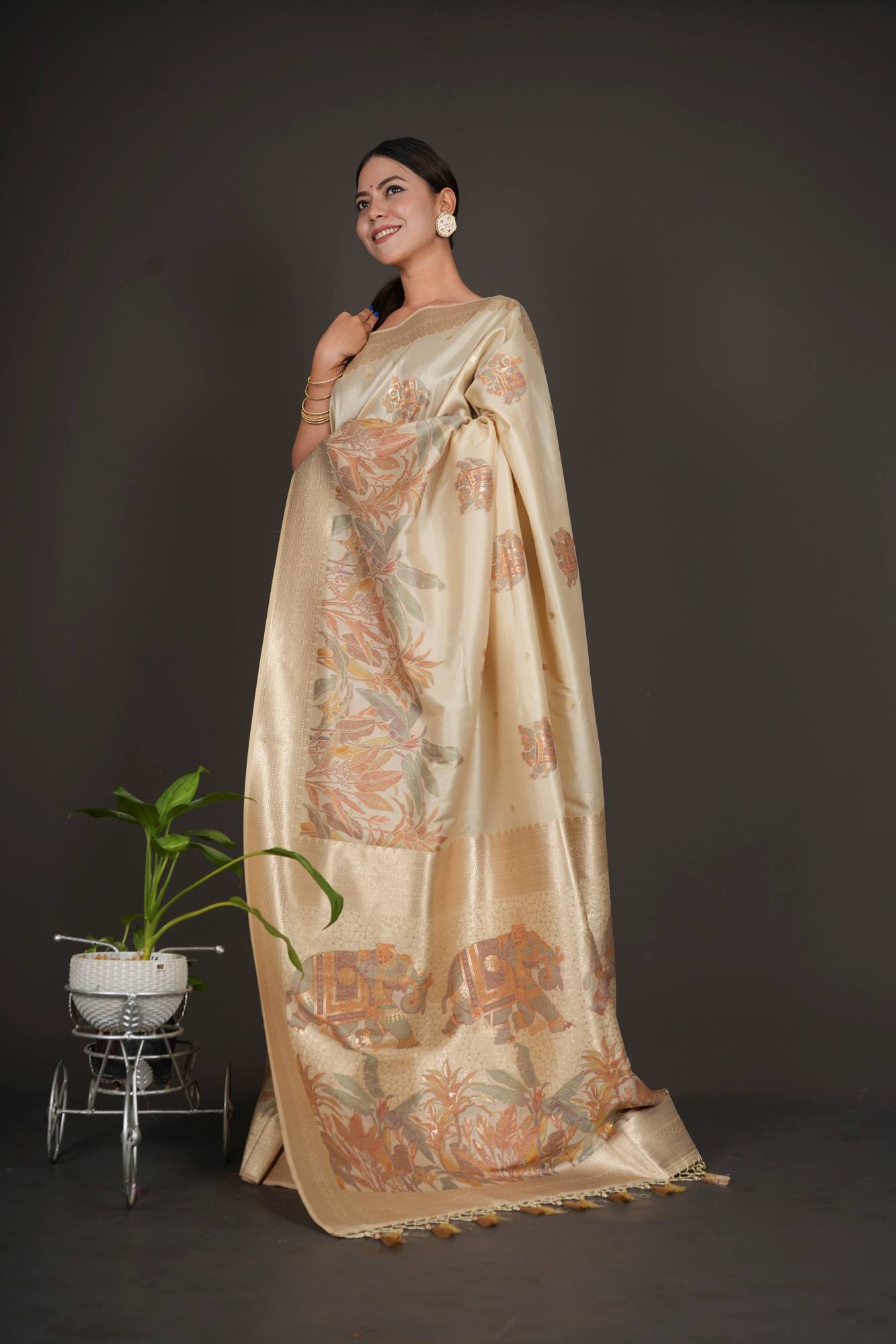 Sophisticated Banarasi Inspired Elephant Woven and foliage Motif Woven Design Pre Drape Saree