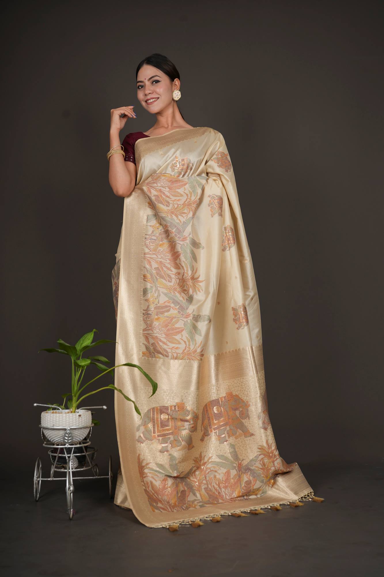 Sophisticated Banarasi Inspired Elephant Woven and foliage Motif Woven Design Pre Drape Saree