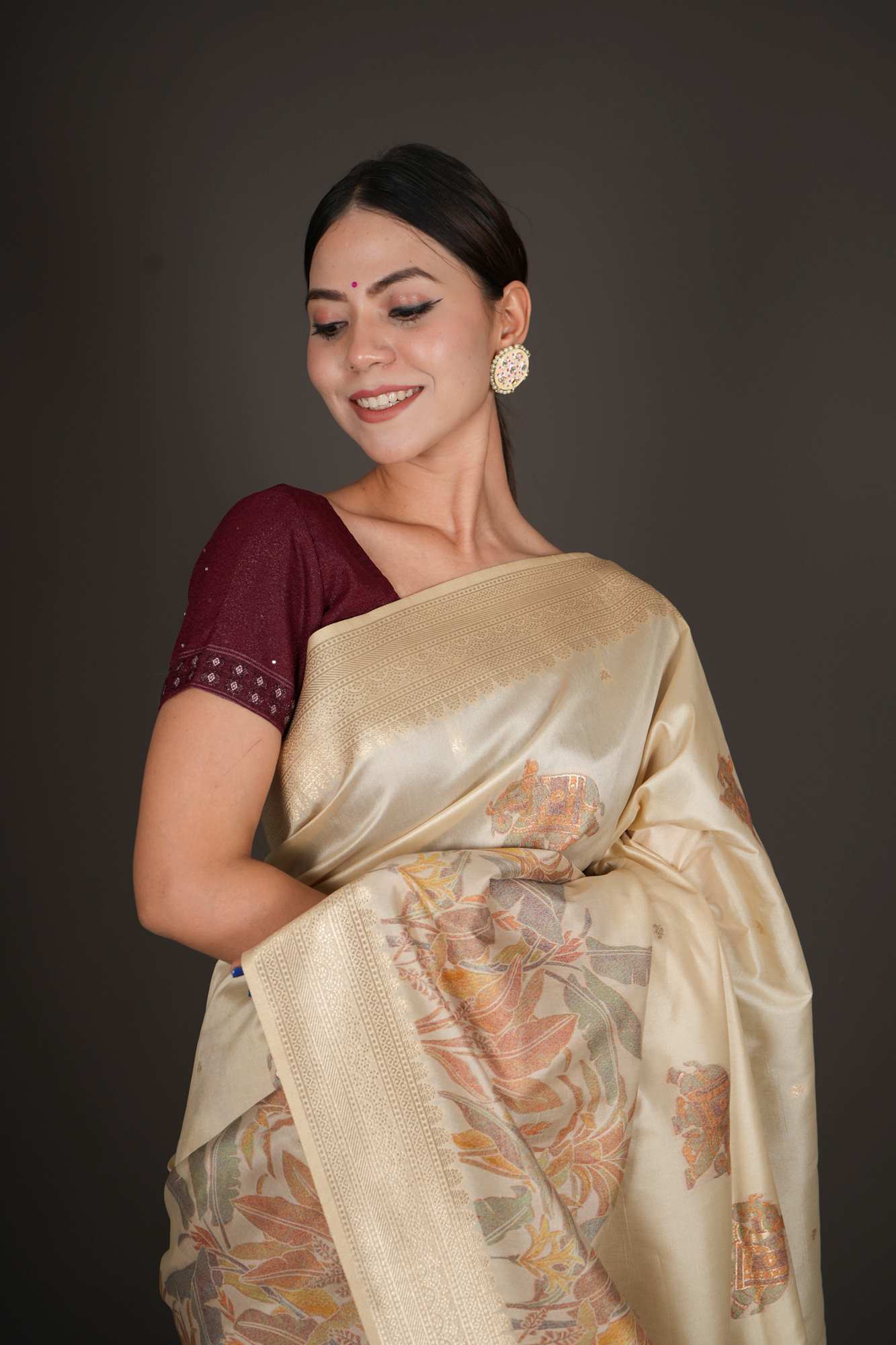 Sophisticated Banarasi Inspired Elephant Woven and foliage Motif Woven Design Pre Drape Saree