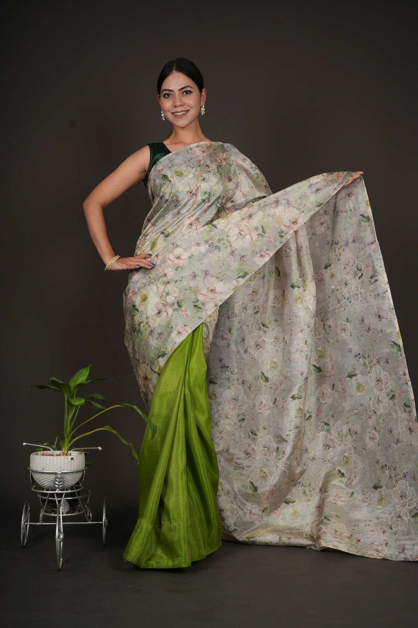 Designer Half & Half Elegant Floral Pallu With Zari Embroidered Sequinned 1 minute saree