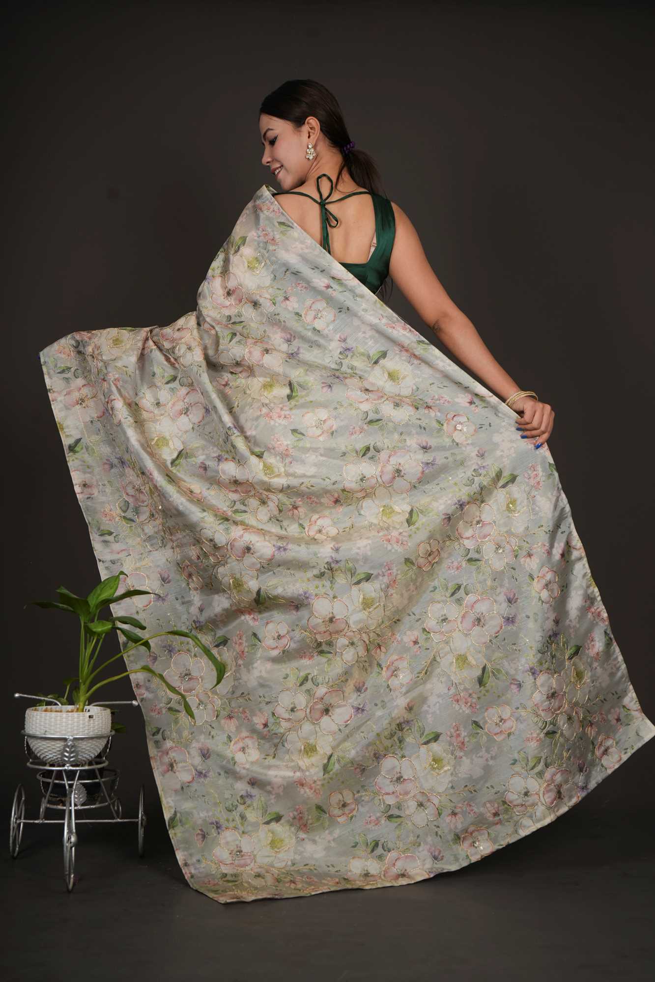 Designer Half & Half Elegant Floral Pallu With Zari Embroidered Sequinned 1 minute saree