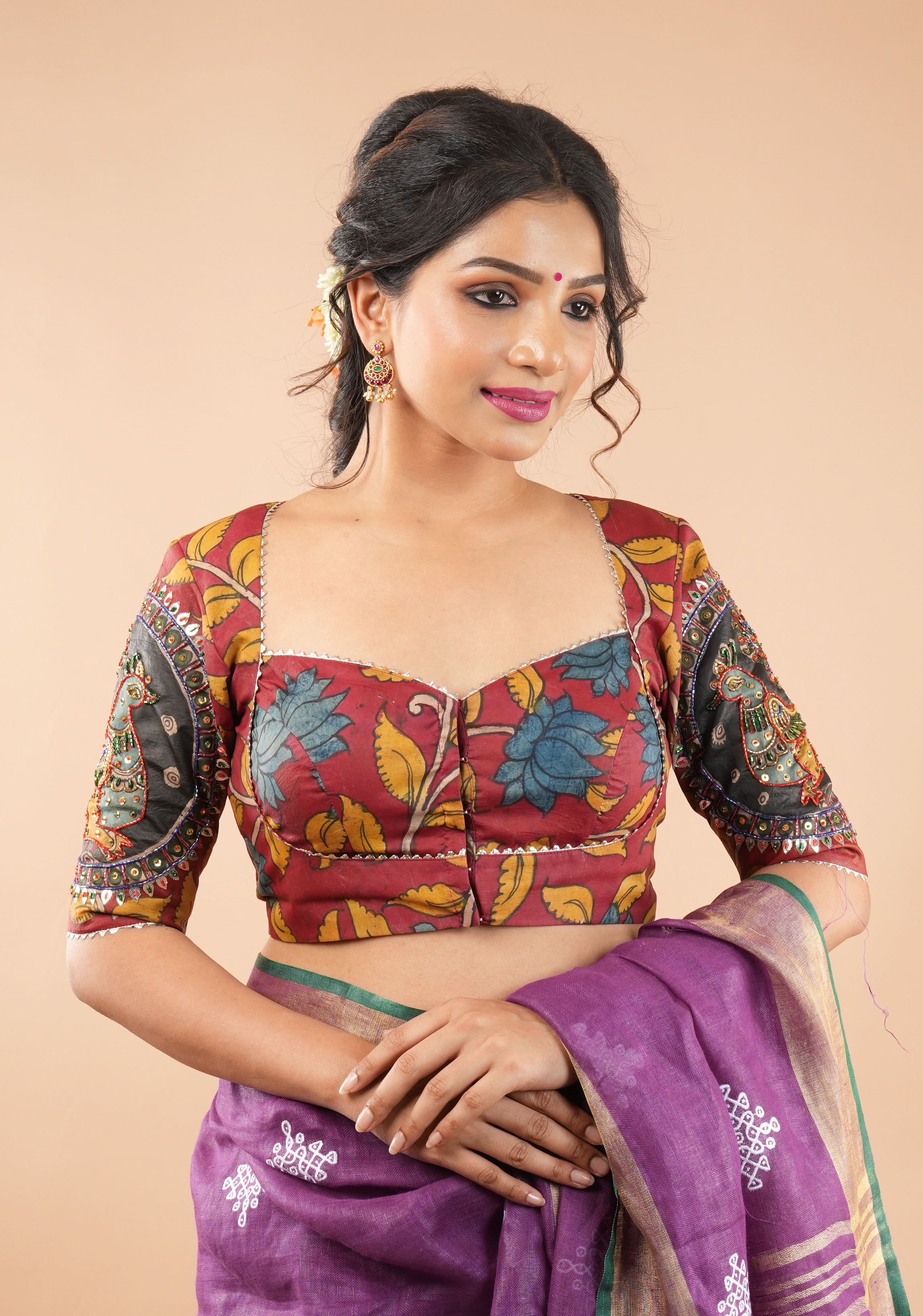 Red Kalamkari blouse with peacock designs, and cutdana, gotta and sequins handwork | Shobitam