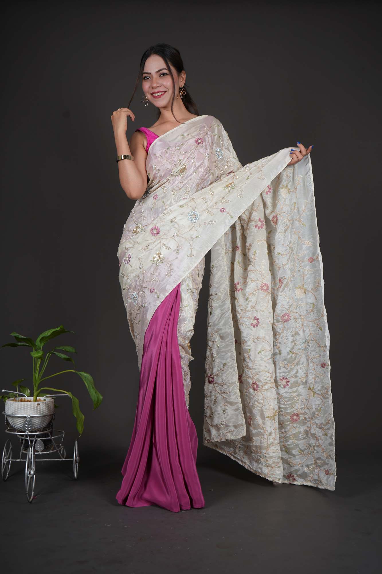 Designer Half & Half Pink With Contrast Floral Jaal Detailed With Sequin And Cutdana Palla Predrape Saree