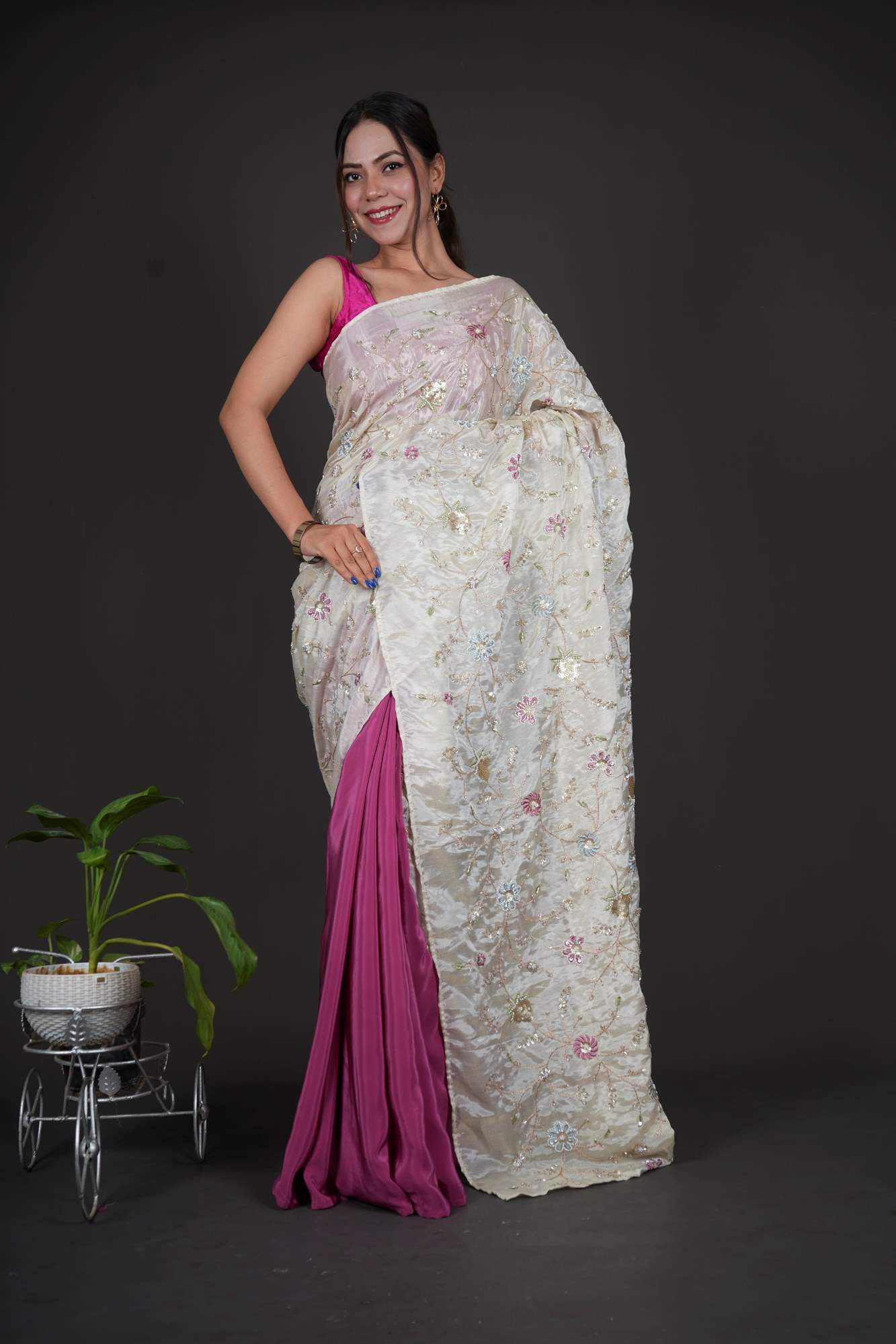 Designer Half & Half Pink With Contrast Floral Jaal Detailed With Sequin And Cutdana Palla Predrape Saree