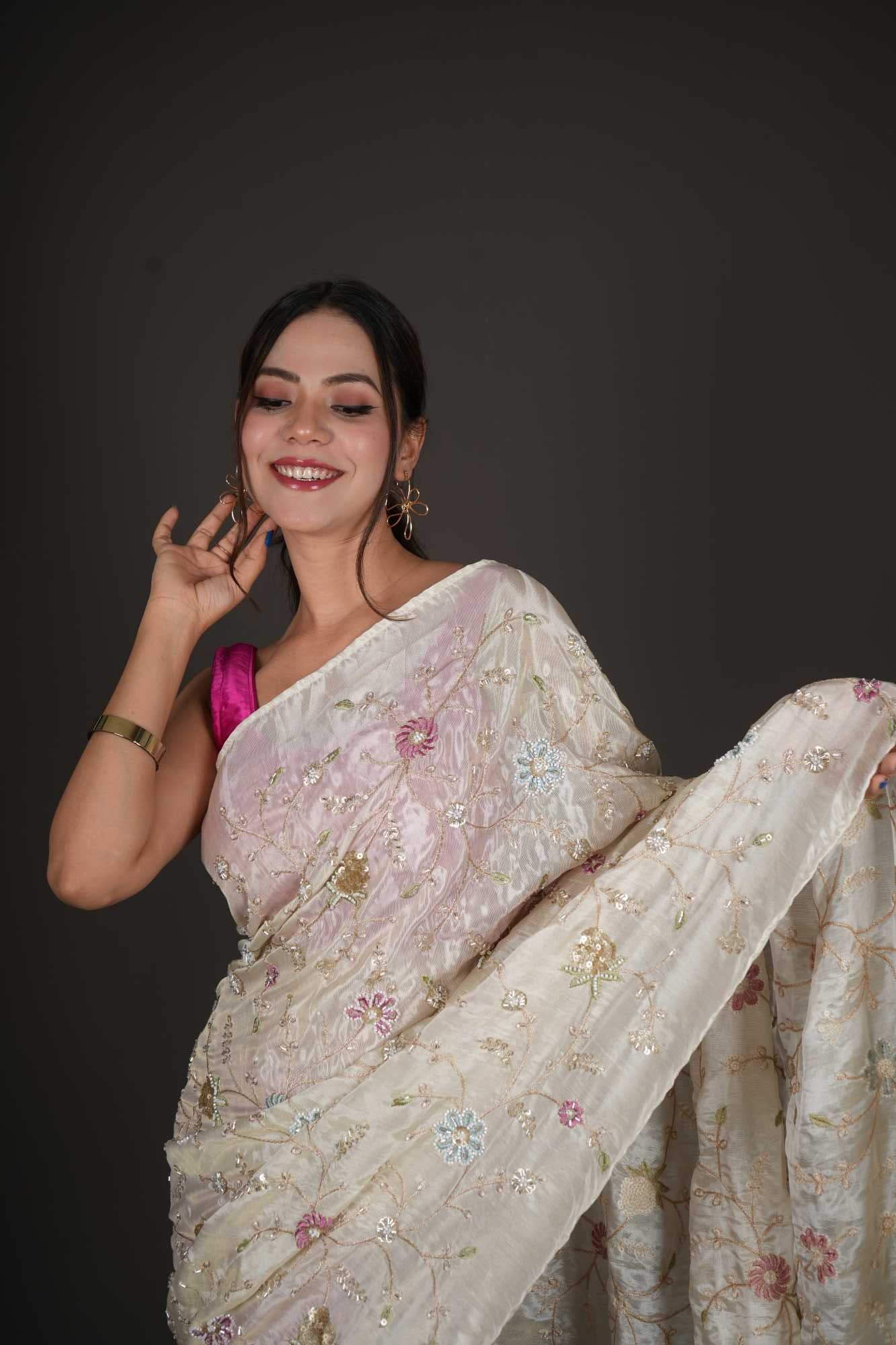 Designer Half & Half Pink With Contrast Floral Jaal Detailed With Sequin And Cutdana Palla Predrape Saree