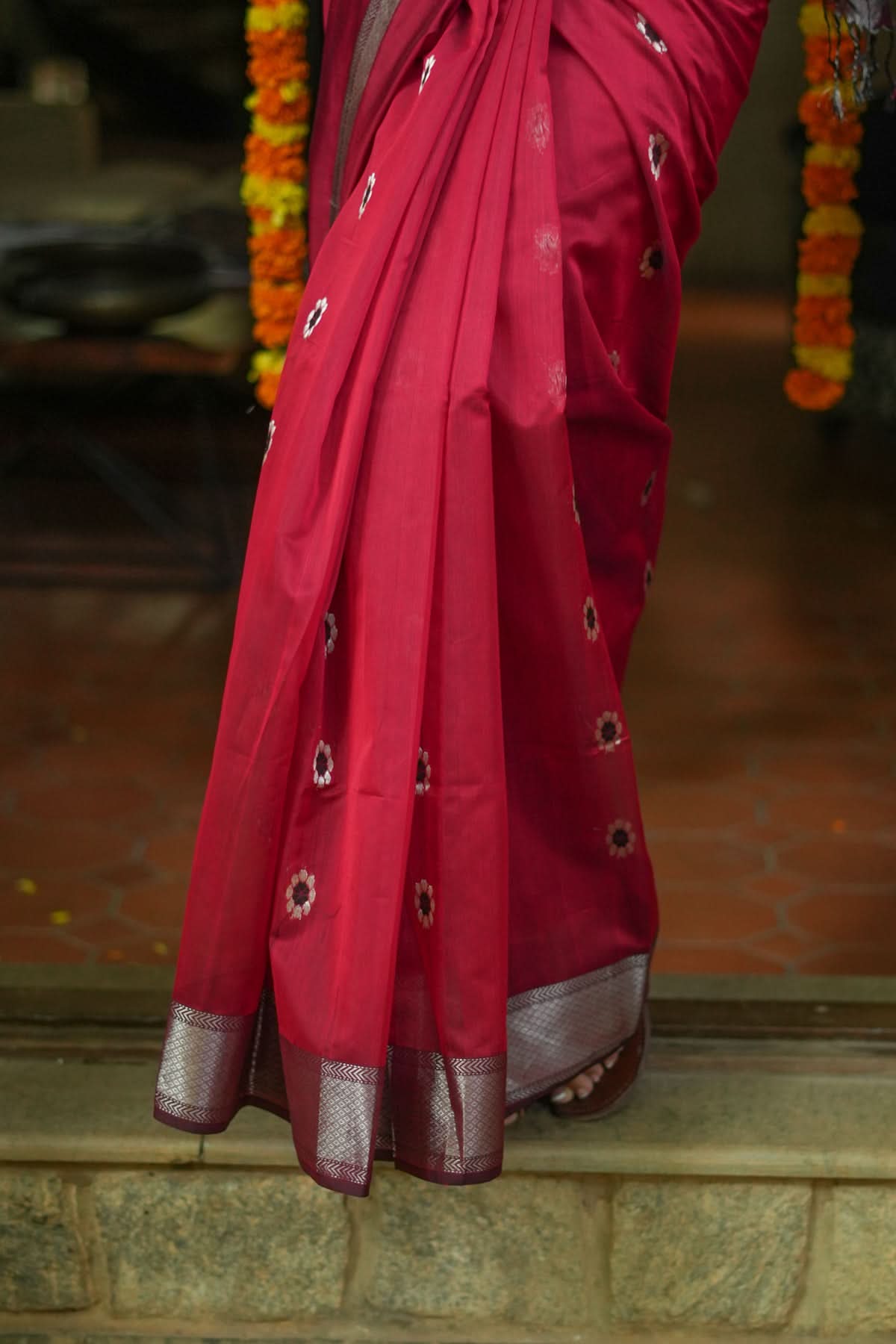 Exquisite Meenakari Handwoven Maheshwari Silk Cotton Saree in Red with meenakari buttas | Shobitam