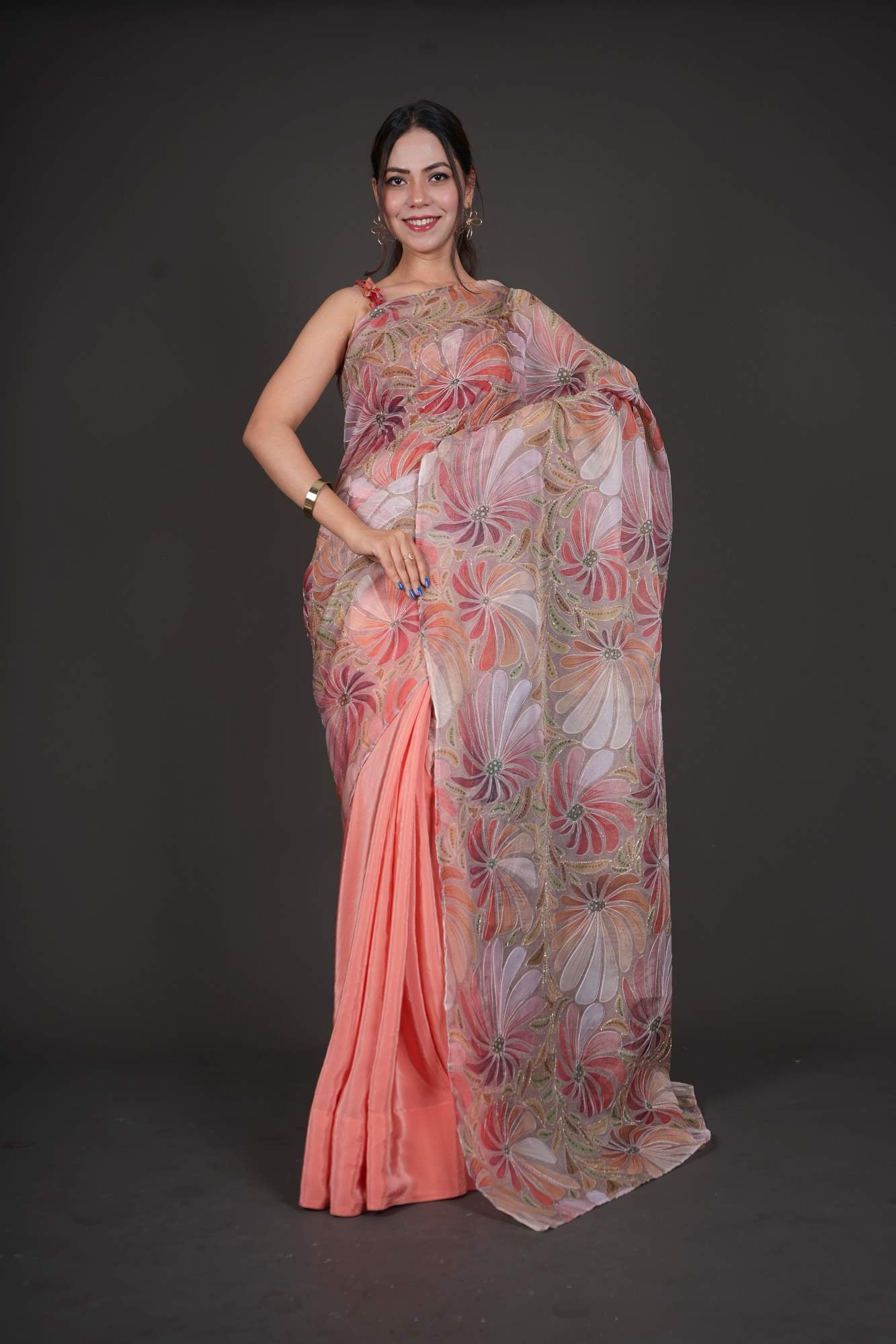 Floral Pallu Designer Zari Embroidered Work with half & half Wrap in one minute saree