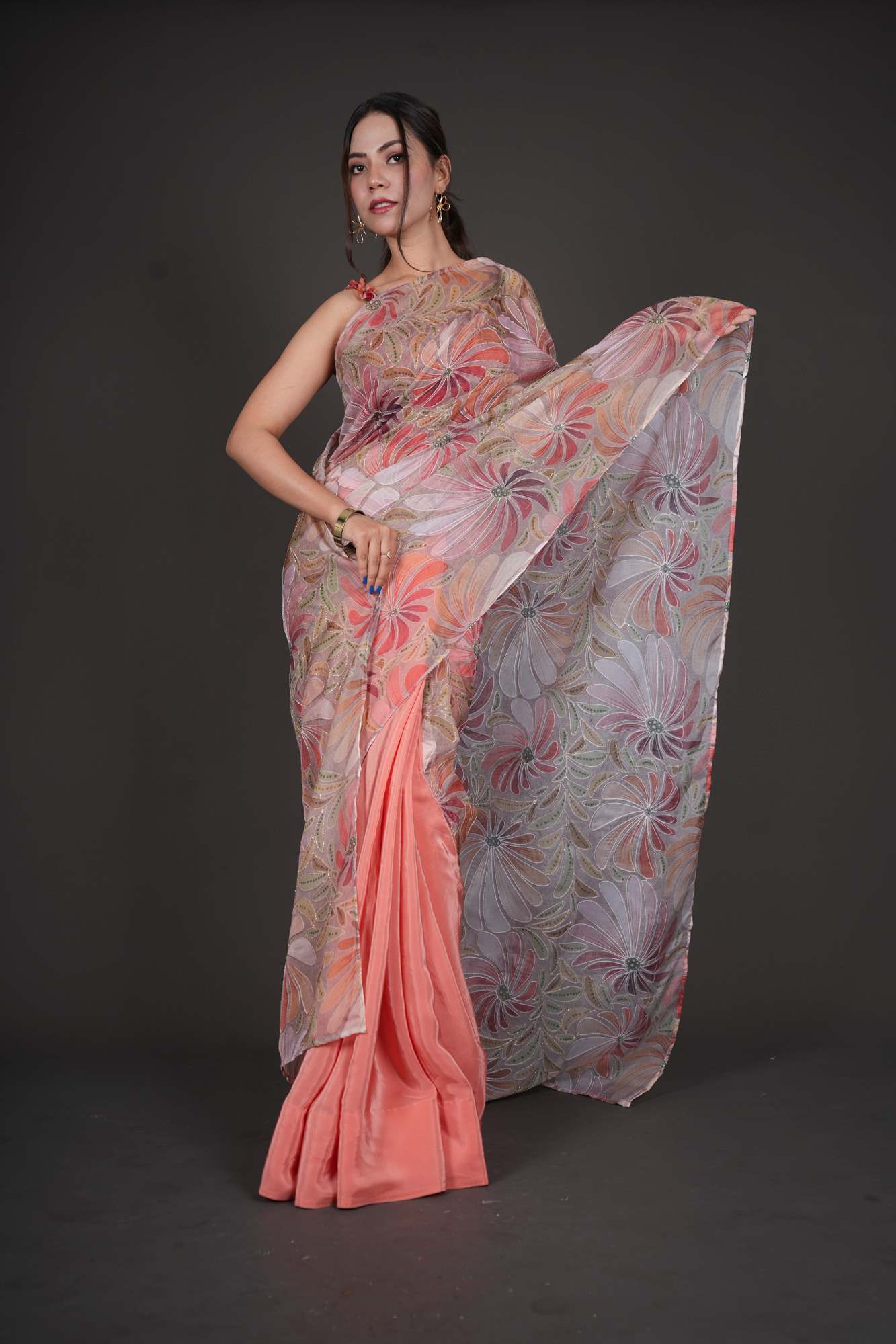 Floral Pallu Designer Zari Embroidered Work with half & half Wrap in one minute saree