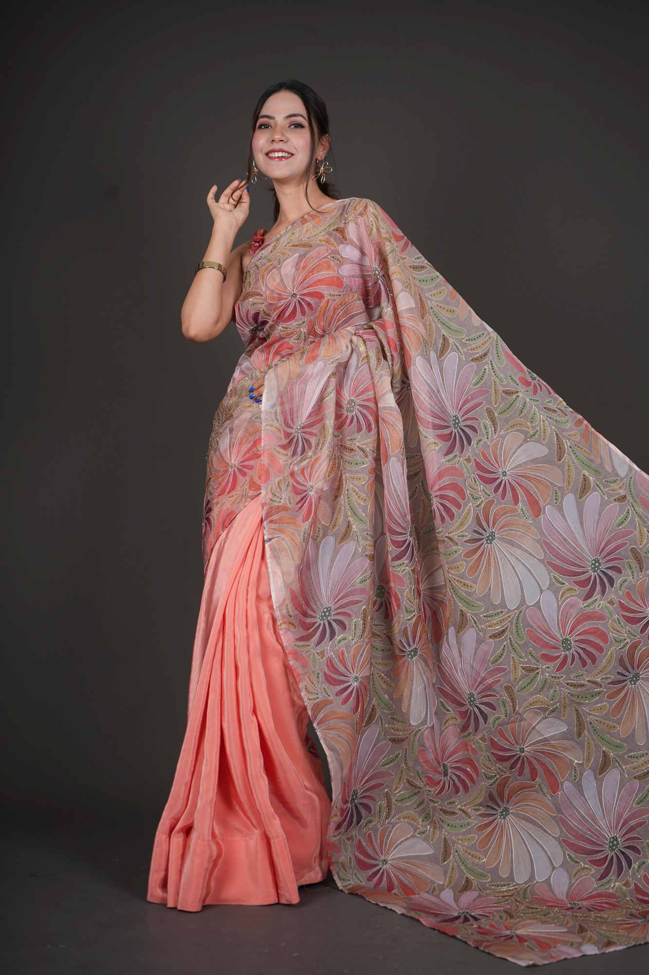 Floral Pallu Designer Zari Embroidered Work with half & half Wrap in one minute saree