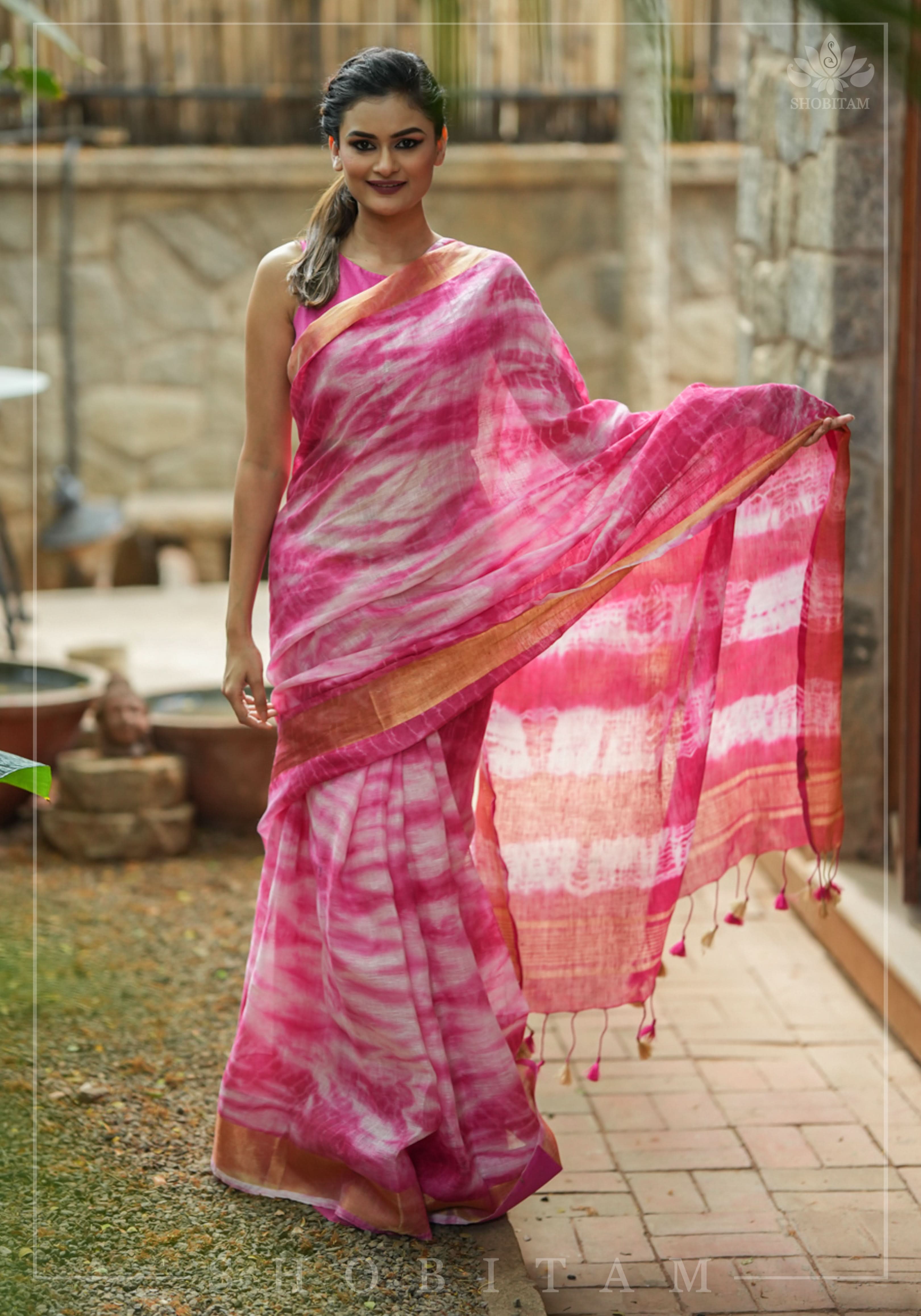 Handmade Shibori Dye Pure Linen by Linen Saree in Amaranth Pink and White with long tassels | Shobitam