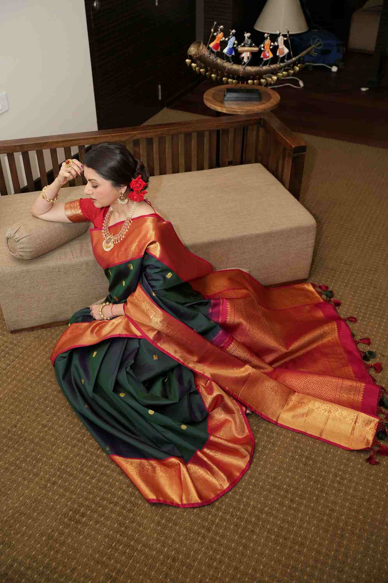 Pre order Bottle Green Dual Tone Pure Kanjivaram Silk Saree with Zari Buttas and Contrast Zari Border | SILK MARK CERTIFIED Ready To Wear Saree