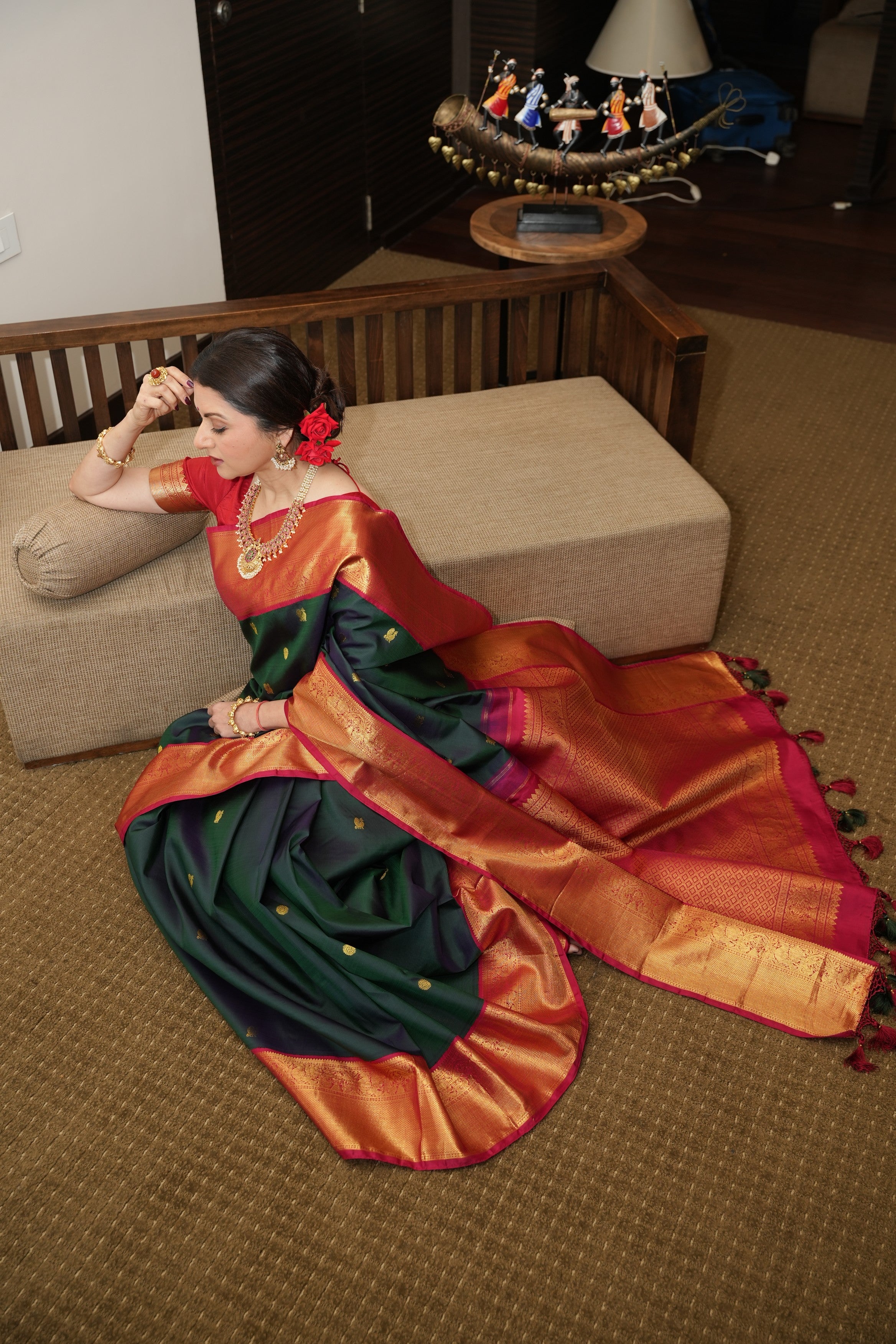 Stunning Bottle Green Dual Tone Pure Kanjivaram Silk Saree with Zari Buttas and Contrast Pink Zari Border | SILK MARK CERTIFIED | SHOBITAM