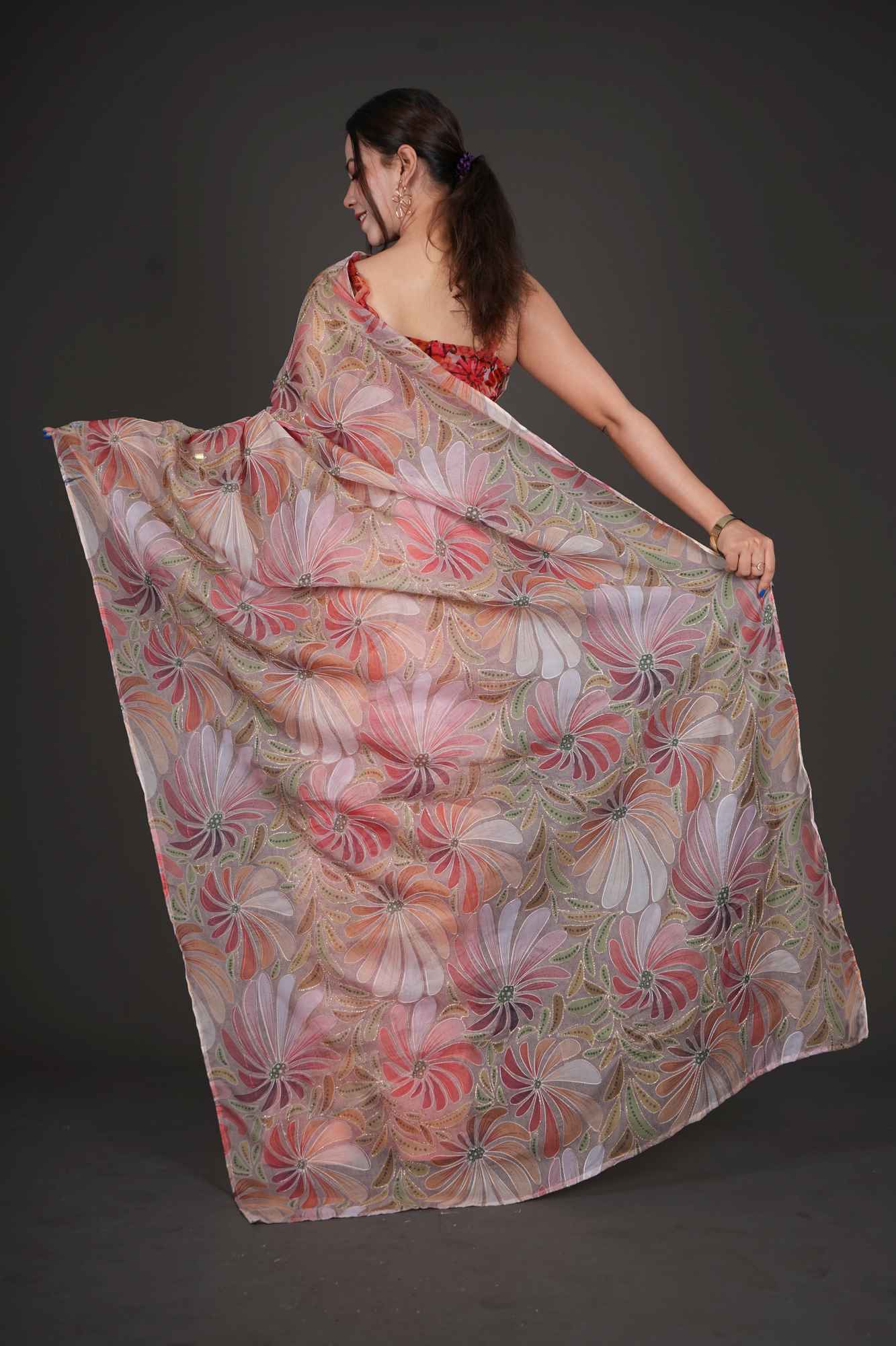 Floral Pallu Designer Zari Embroidered Work with half & half Wrap in one minute saree