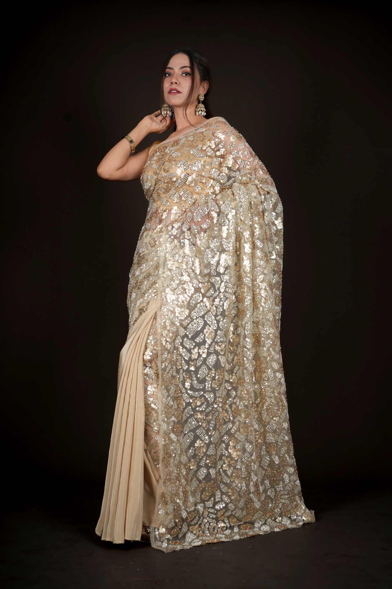 Designer Half & Half Gold Tonned Crape With Heavily Detailed Palla With Sequin And Cutdana Predrape Saree