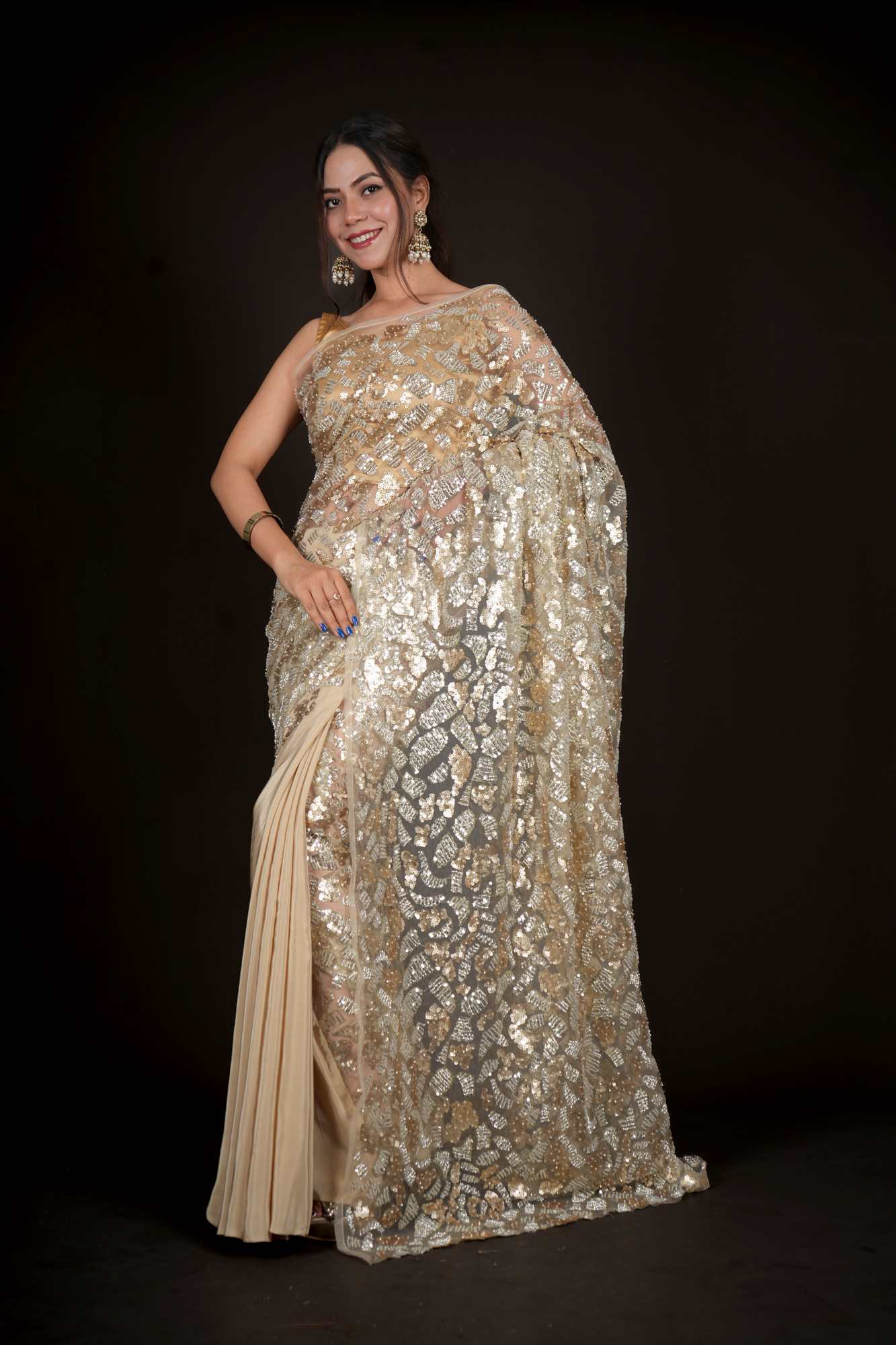 Designer Half & Half Gold Tonned Crape With Heavily Detailed Palla With Sequin And Cutdana Predrape Saree