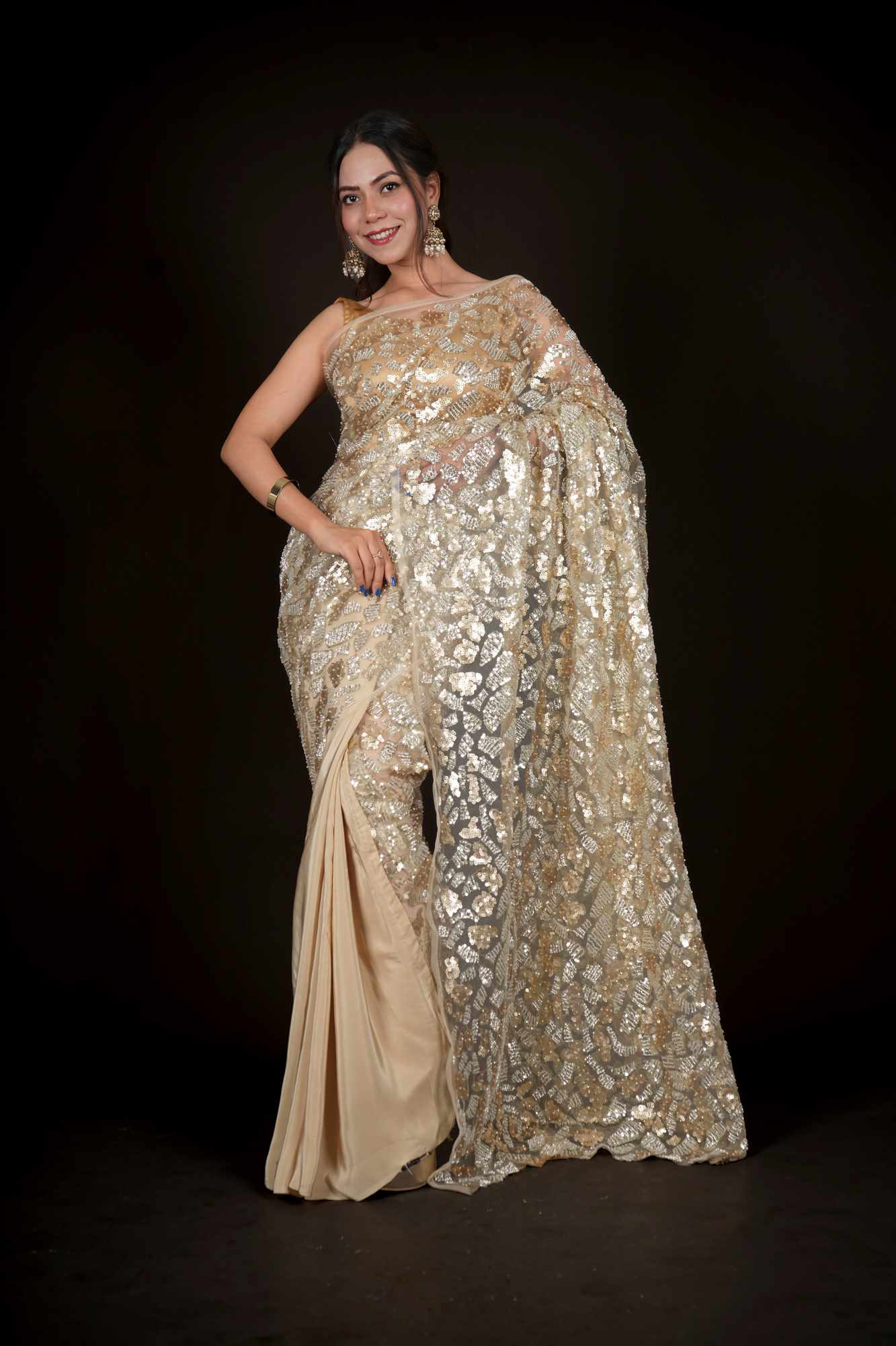 Designer Half & Half Gold Tonned Crape With Heavily Detailed Palla With Sequin And Cutdana Predrape Saree