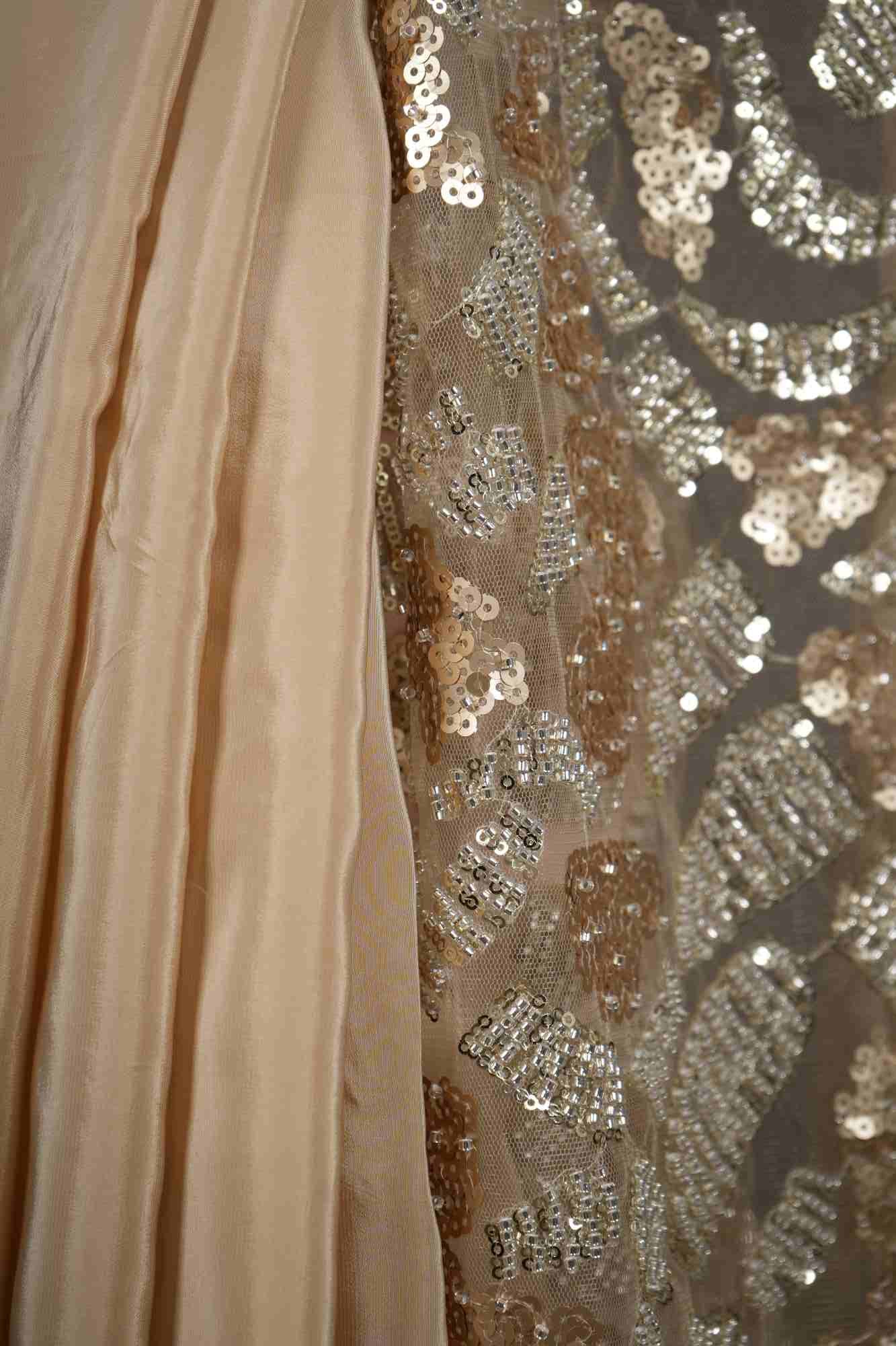 Designer Half & Half Gold Tonned Crape With Heavily Detailed Palla With Sequin And Cutdana Predrape Saree