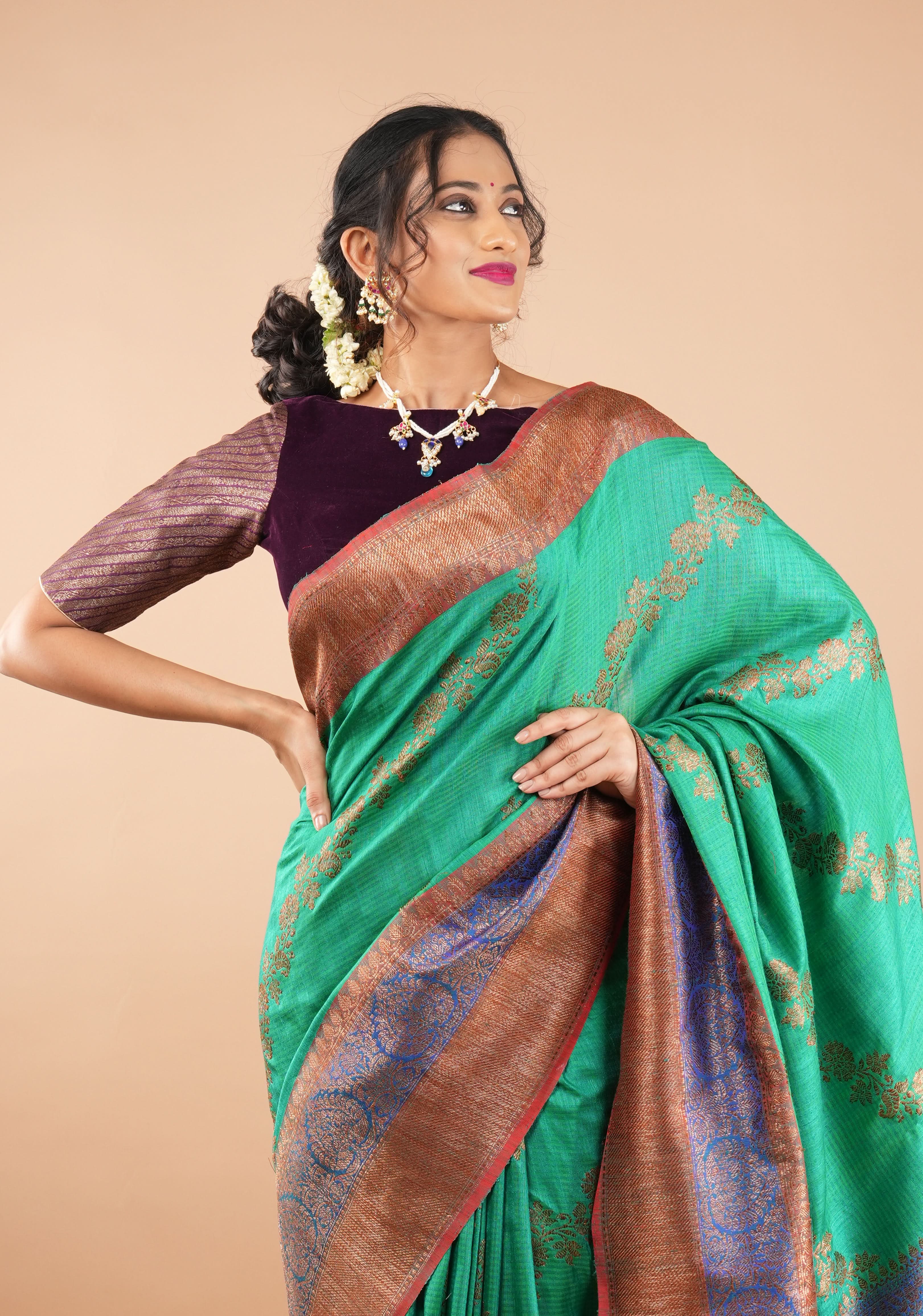 Plum Velvet and  Brocade blouse with  Boat neck and double tie up tassel at the back | Shobitam