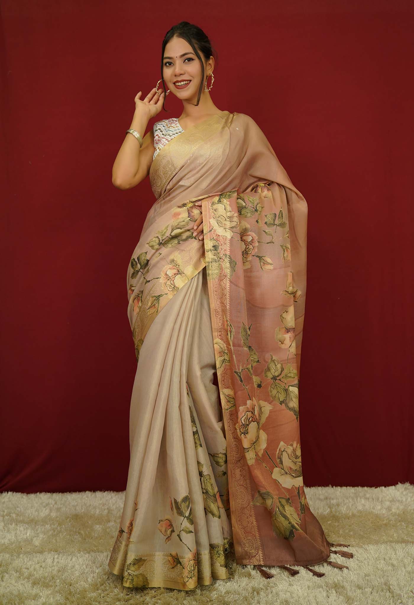 Sophisticated cotton silk With  floral printed And golden Zari border Wrap in 1 minute Saree