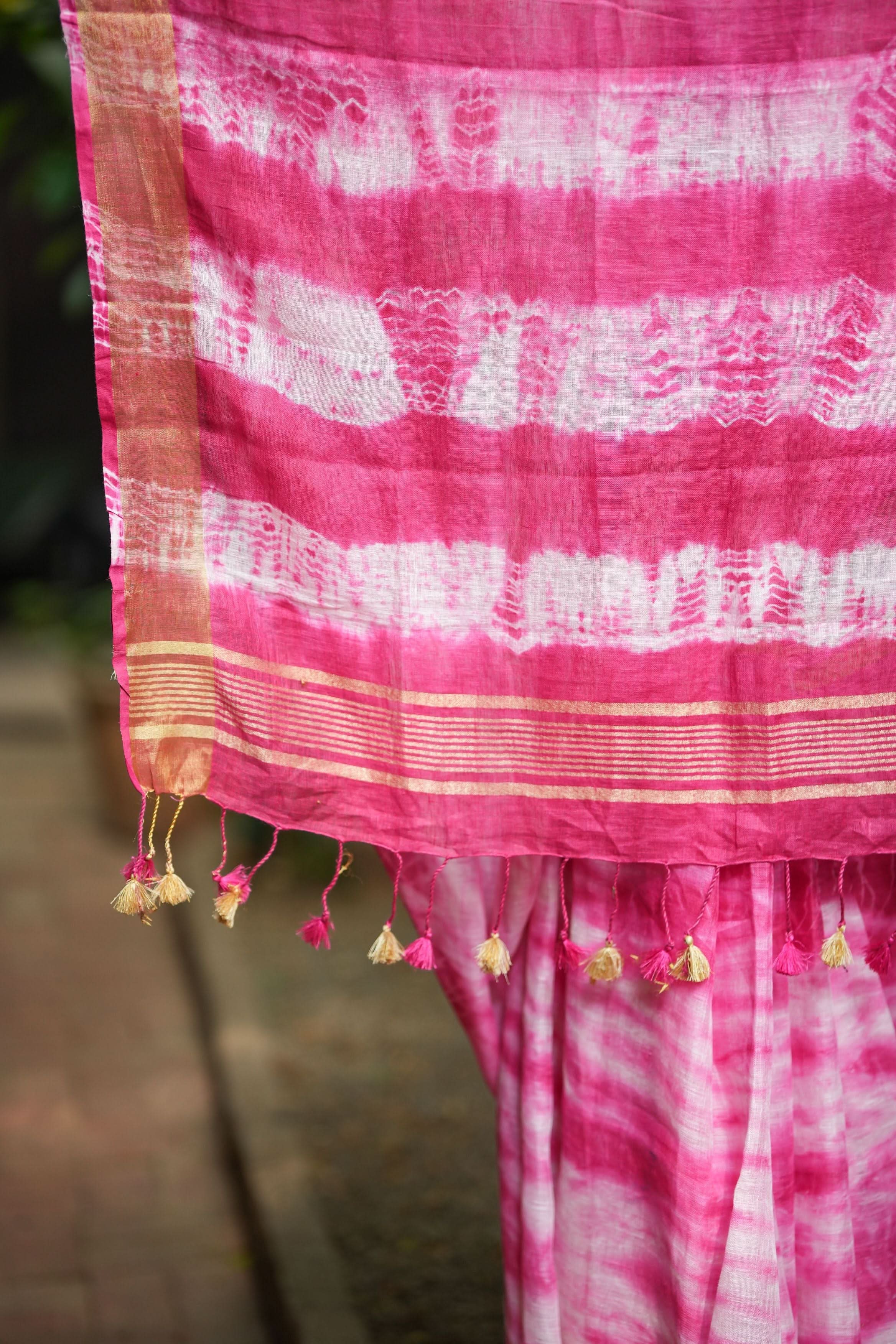 Handmade Shibori Dye Pure Linen by Linen Saree in Amaranth Pink and White with long tassels | Shobitam