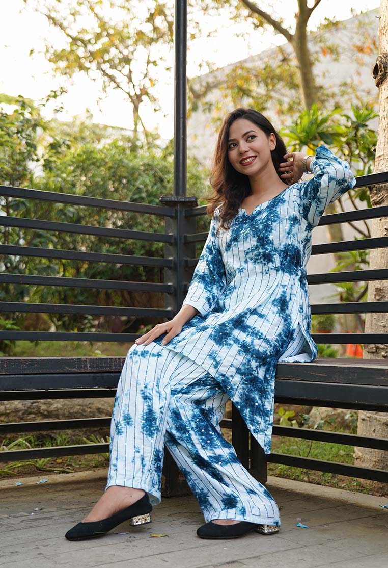 Summer Vibe Blue Shibori Dyed With Sequin Embellished Stylized Co-Ord set