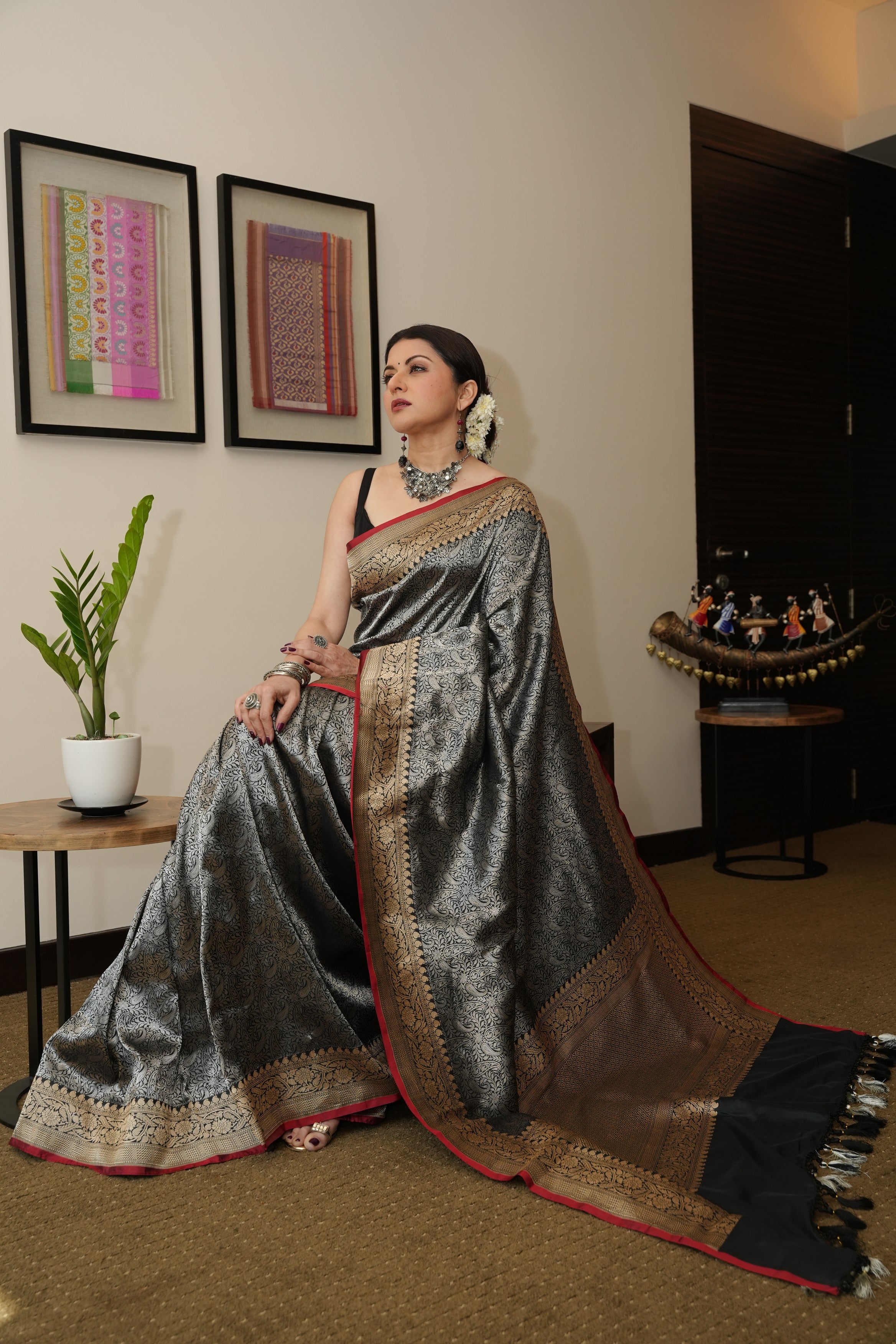 Unique Black Vasket weave on Banarasi Katan Silk Saree with Silver Paisley Zari Brocade and Zari Border | SILK MARK CERTIFIED | SHOBITAM