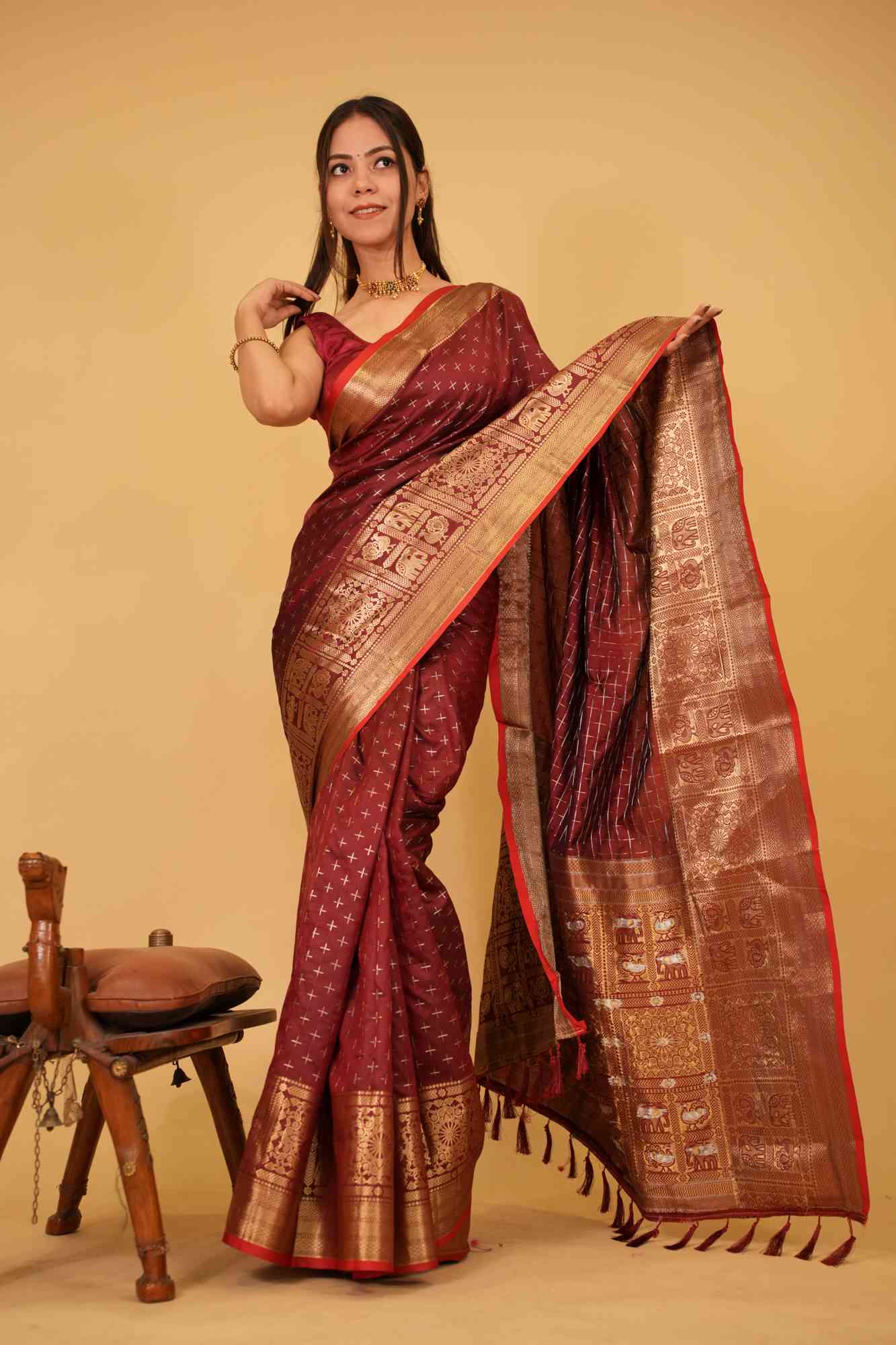 Rich Wedding Look Kanjeevaram Zari Border With Butta Overall And Tassels On Pallu Wrap in 1 minute saree