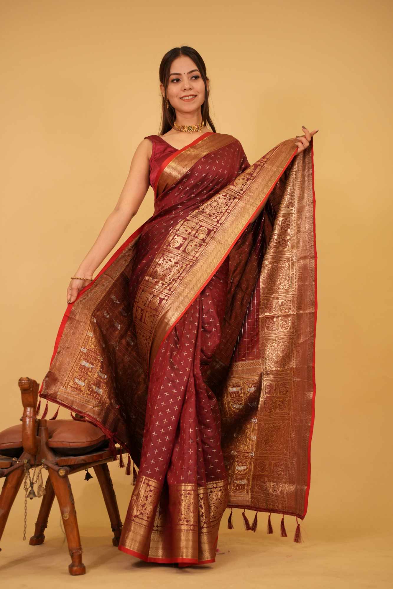 Rich Wedding Look Kanjeevaram Zari Border With Butta Overall And Tassels On Pallu Wrap in 1 minute saree