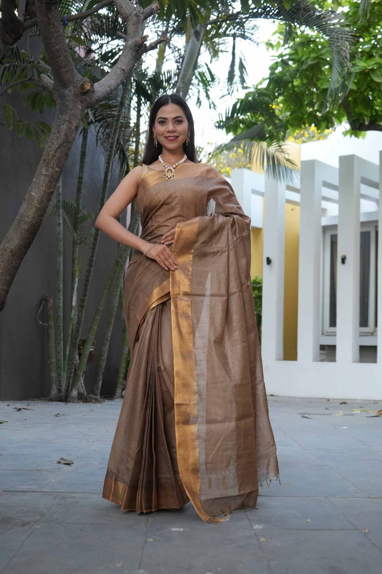 soft golden Classy Handloom Bapta Silk with zari Border  Wrap in 1 minute saree