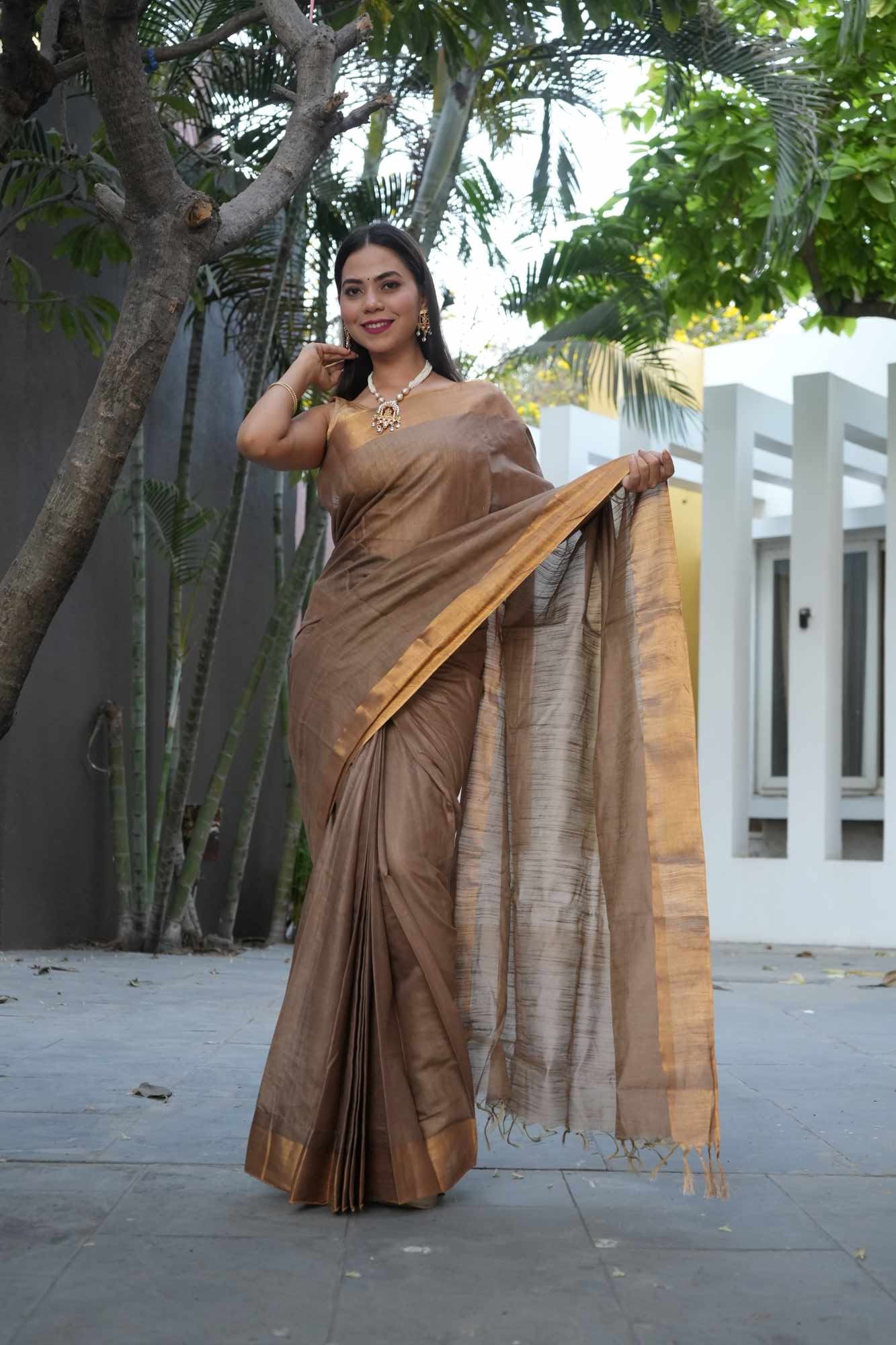 soft golden Classy Handloom Bapta Silk with zari Border  Wrap in 1 minute saree